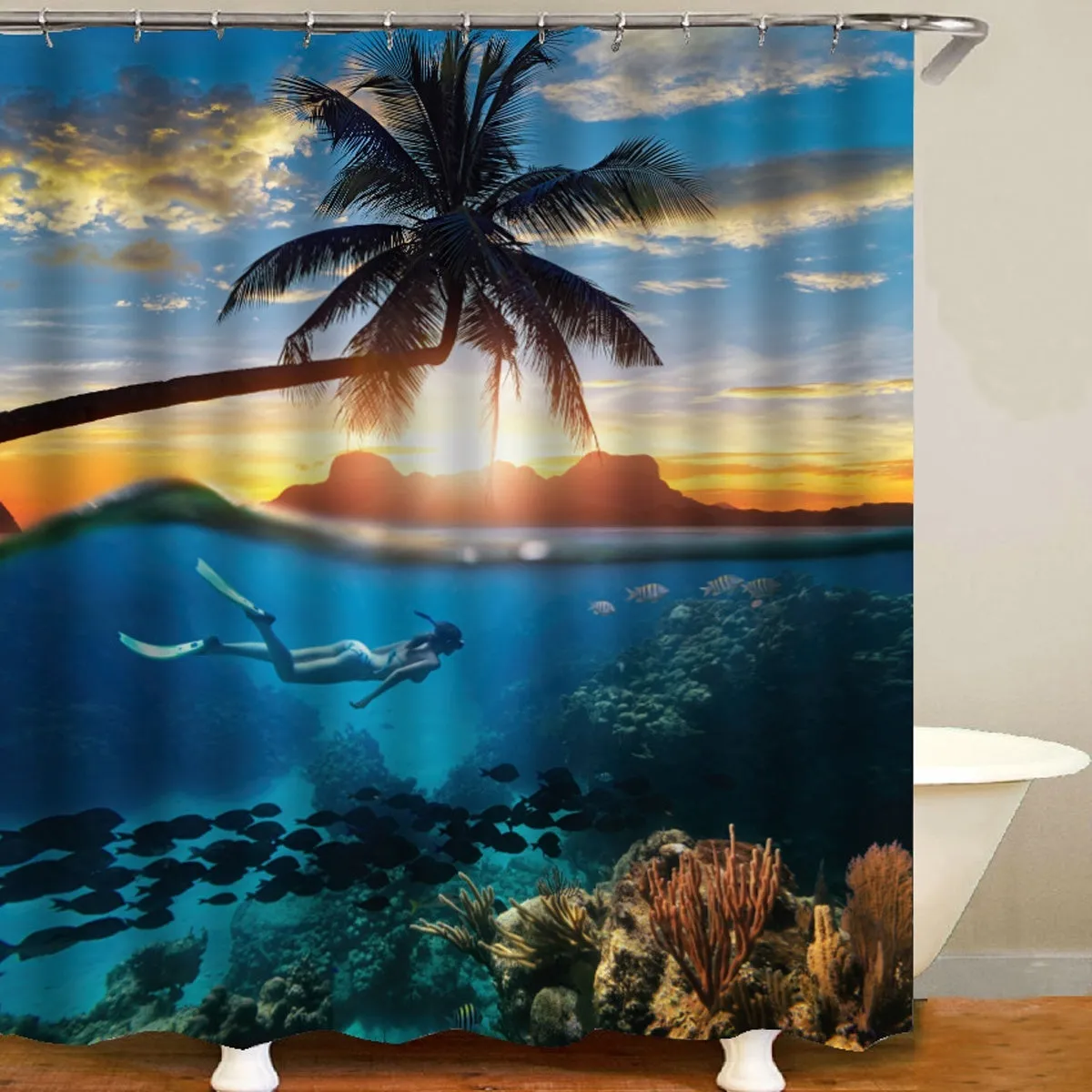 1/3/4 Pcs Personalized Sunset Scenery Ocean Diving Scenery Bathroom Shower Curtain Waterproof Shower Curtain Non-slip Mats Bath Carpets Toilet Seat Cover Floor Mat Bathroom Decor