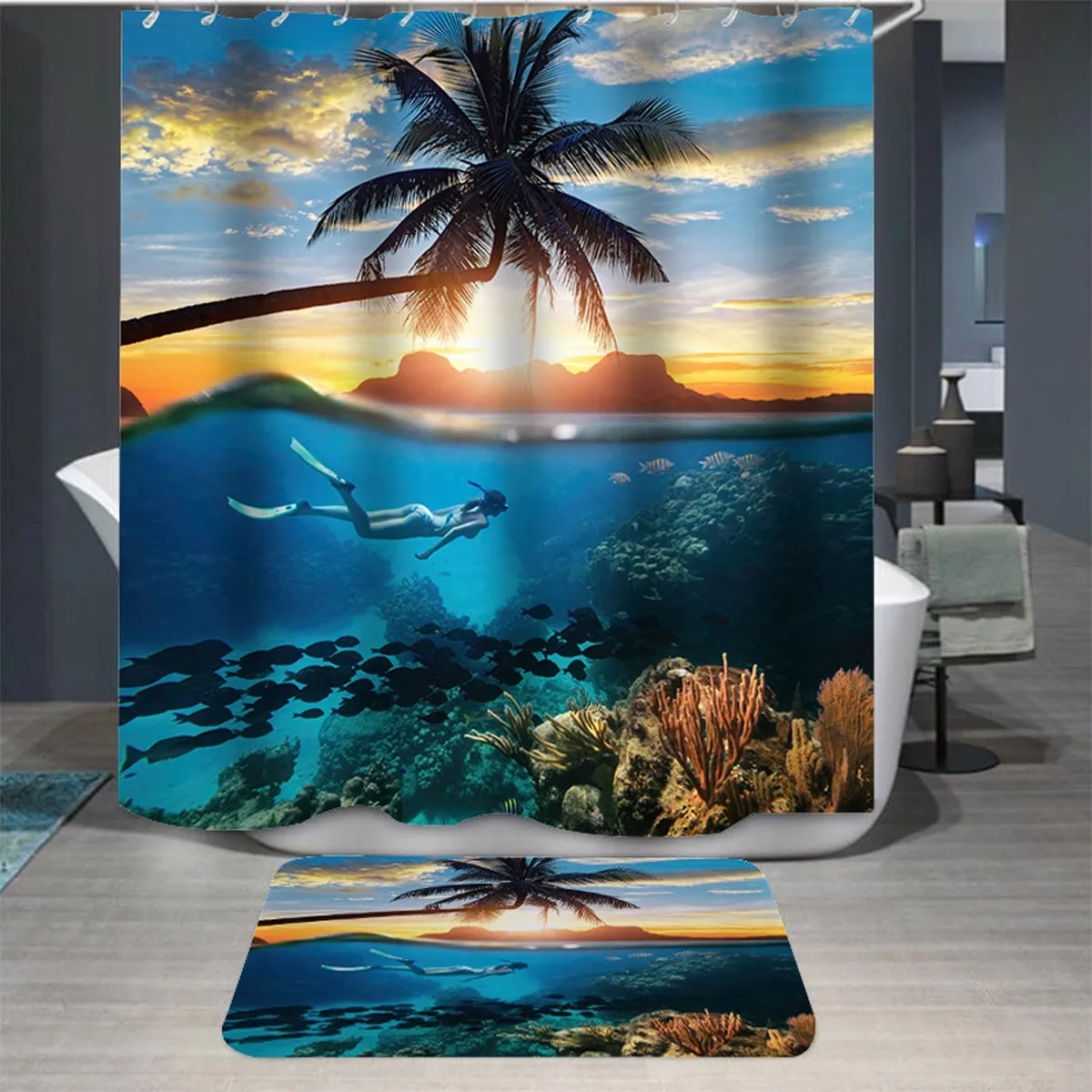 1/3/4 Pcs Personalized Sunset Scenery Ocean Diving Scenery Bathroom Shower Curtain Waterproof Shower Curtain Non-slip Mats Bath Carpets Toilet Seat Cover Floor Mat Bathroom Decor