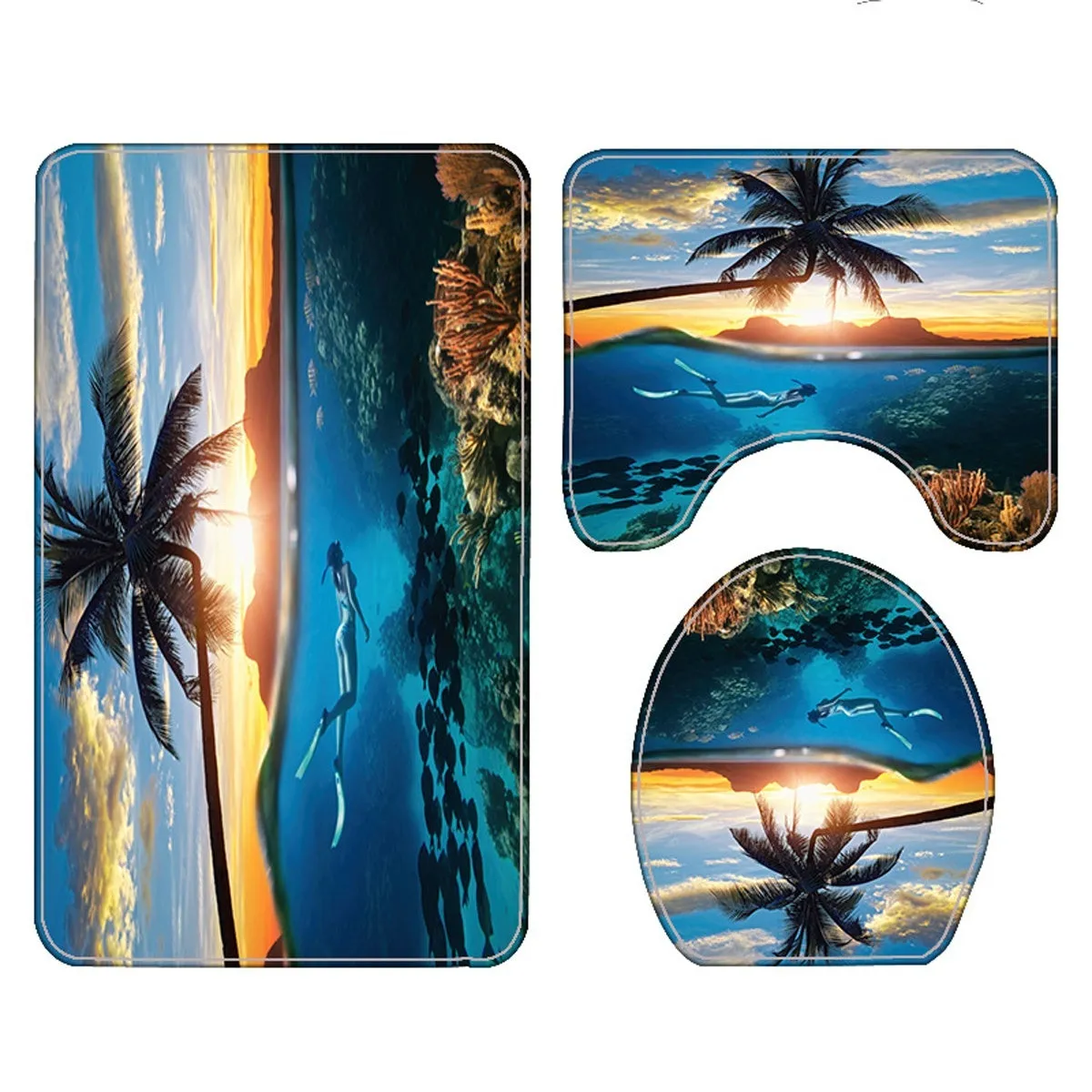 1/3/4 Pcs Personalized Sunset Scenery Ocean Diving Scenery Bathroom Shower Curtain Waterproof Shower Curtain Non-slip Mats Bath Carpets Toilet Seat Cover Floor Mat Bathroom Decor