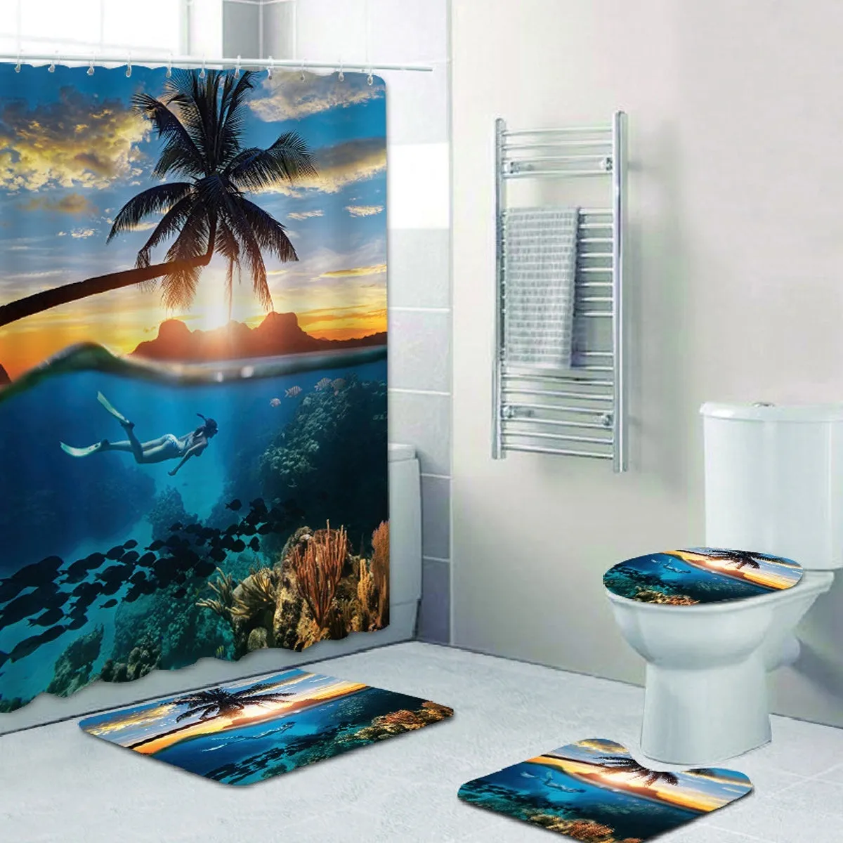 1/3/4 Pcs Personalized Sunset Scenery Ocean Diving Scenery Bathroom Shower Curtain Waterproof Shower Curtain Non-slip Mats Bath Carpets Toilet Seat Cover Floor Mat Bathroom Decor