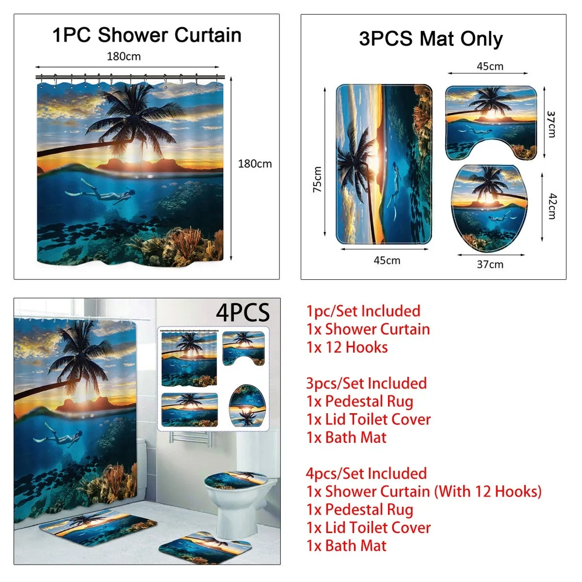 1/3/4 Pcs Personalized Sunset Scenery Ocean Diving Scenery Bathroom Shower Curtain Waterproof Shower Curtain Non-slip Mats Bath Carpets Toilet Seat Cover Floor Mat Bathroom Decor