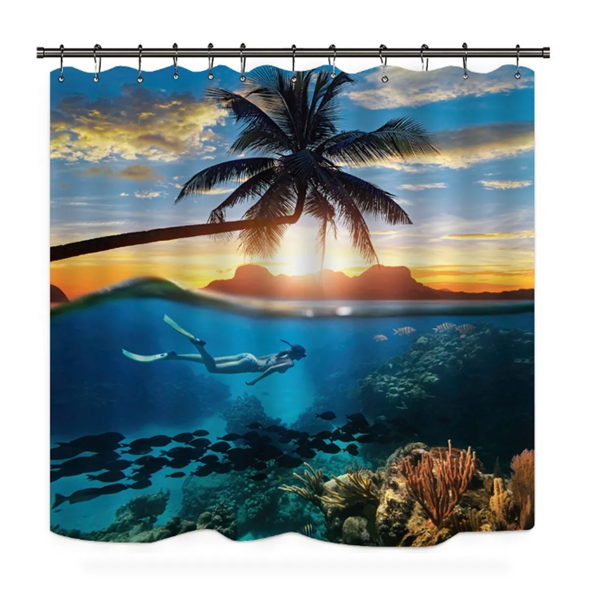 1/3/4 Pcs Personalized Sunset Scenery Ocean Diving Scenery Bathroom Shower Curtain Waterproof Shower Curtain Non-slip Mats Bath Carpets Toilet Seat Cover Floor Mat Bathroom Decor