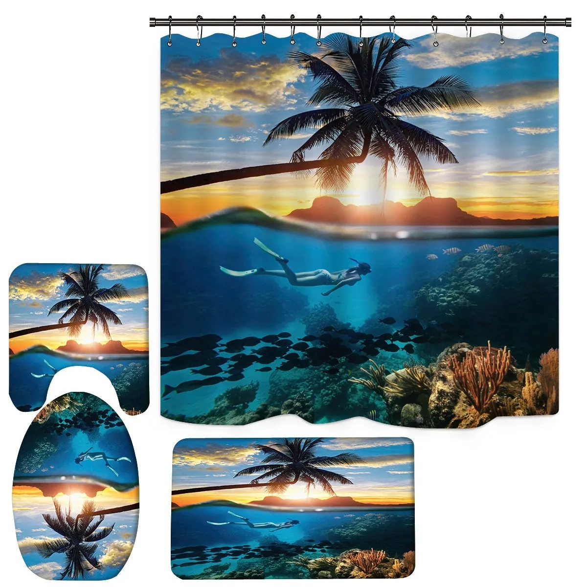 1/3/4 Pcs Personalized Sunset Scenery Ocean Diving Scenery Bathroom Shower Curtain Waterproof Shower Curtain Non-slip Mats Bath Carpets Toilet Seat Cover Floor Mat Bathroom Decor