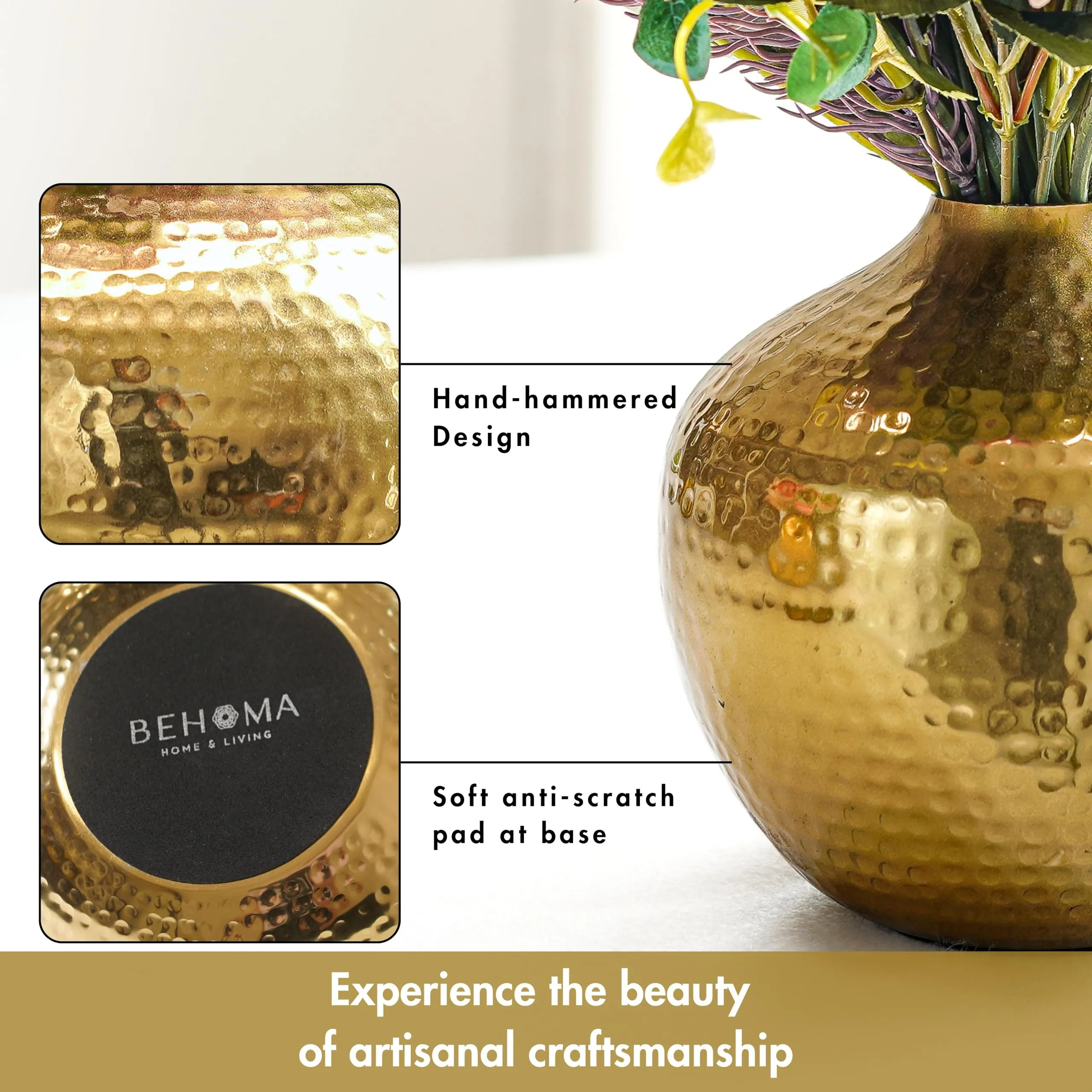 Behoma Metal Flower Vase for Home Decor | Table Decorative Item for Bedroom Living Room Office | Best Gift for Wedding Festivals Birthday | Golden Small 1PC (Flower not Included)