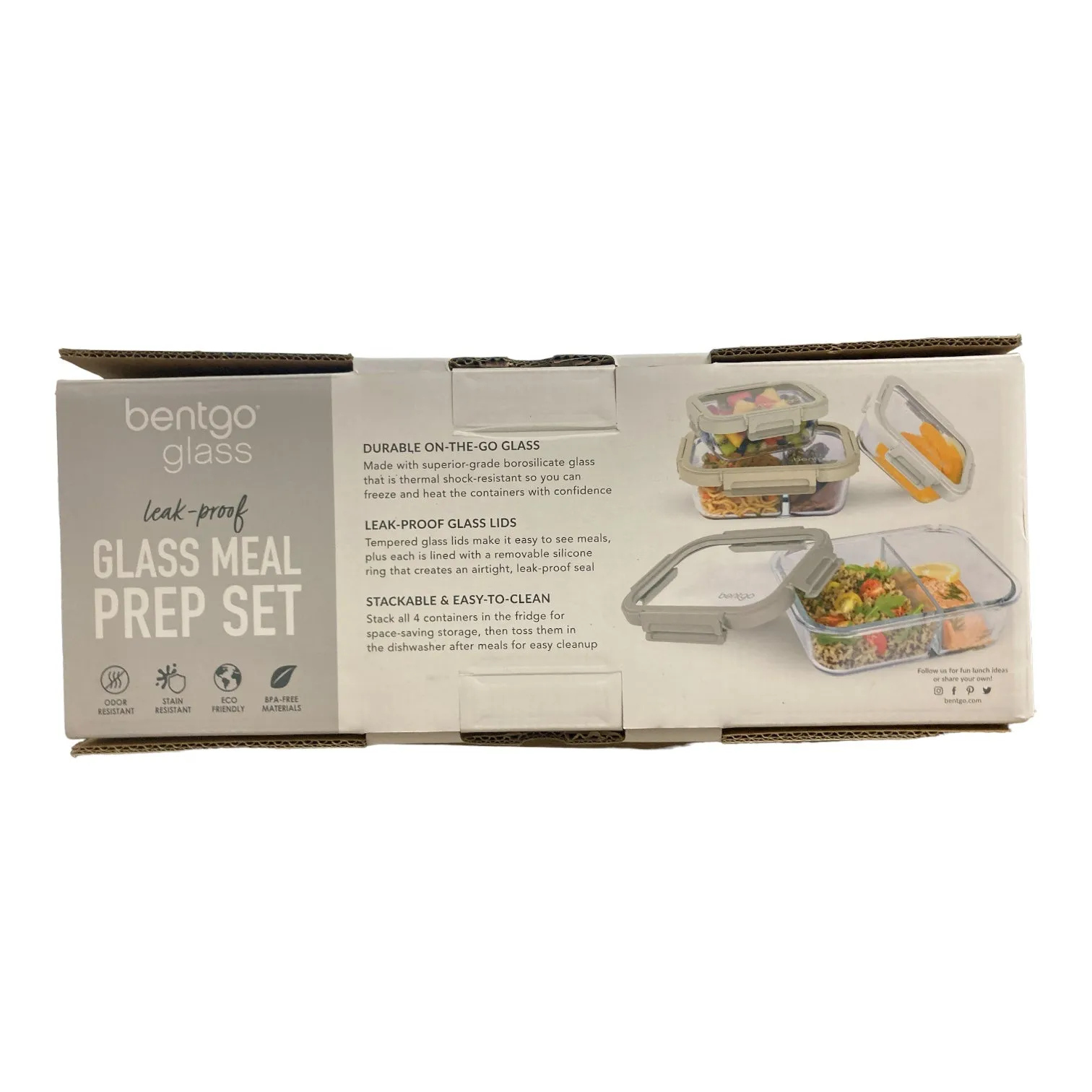 Bentgo 8-Piece Leak-Proof Glass Meal Prep Set, White Stone