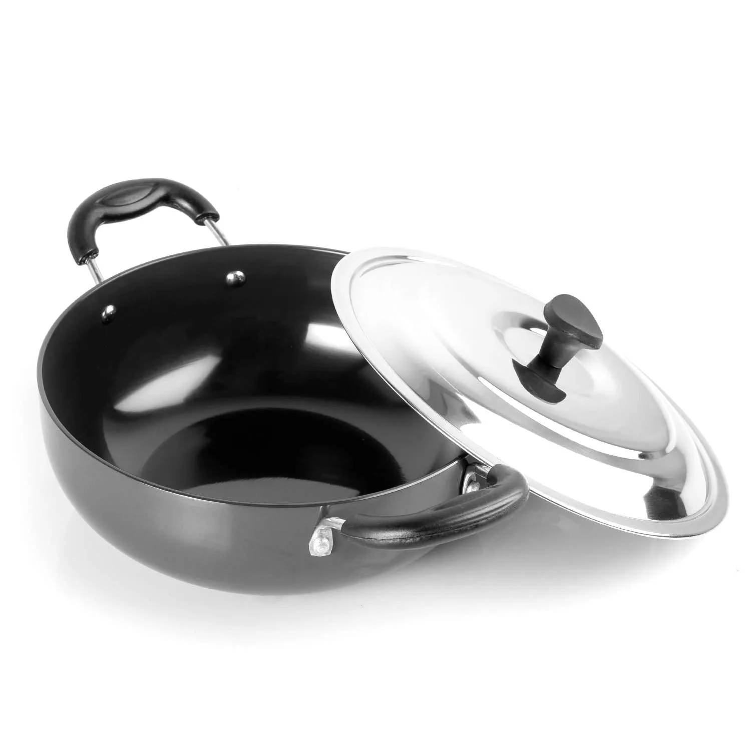 Classy Hard Anodised Kadhai with Lid, 2.5 Litres, Gas Stove Compatible
