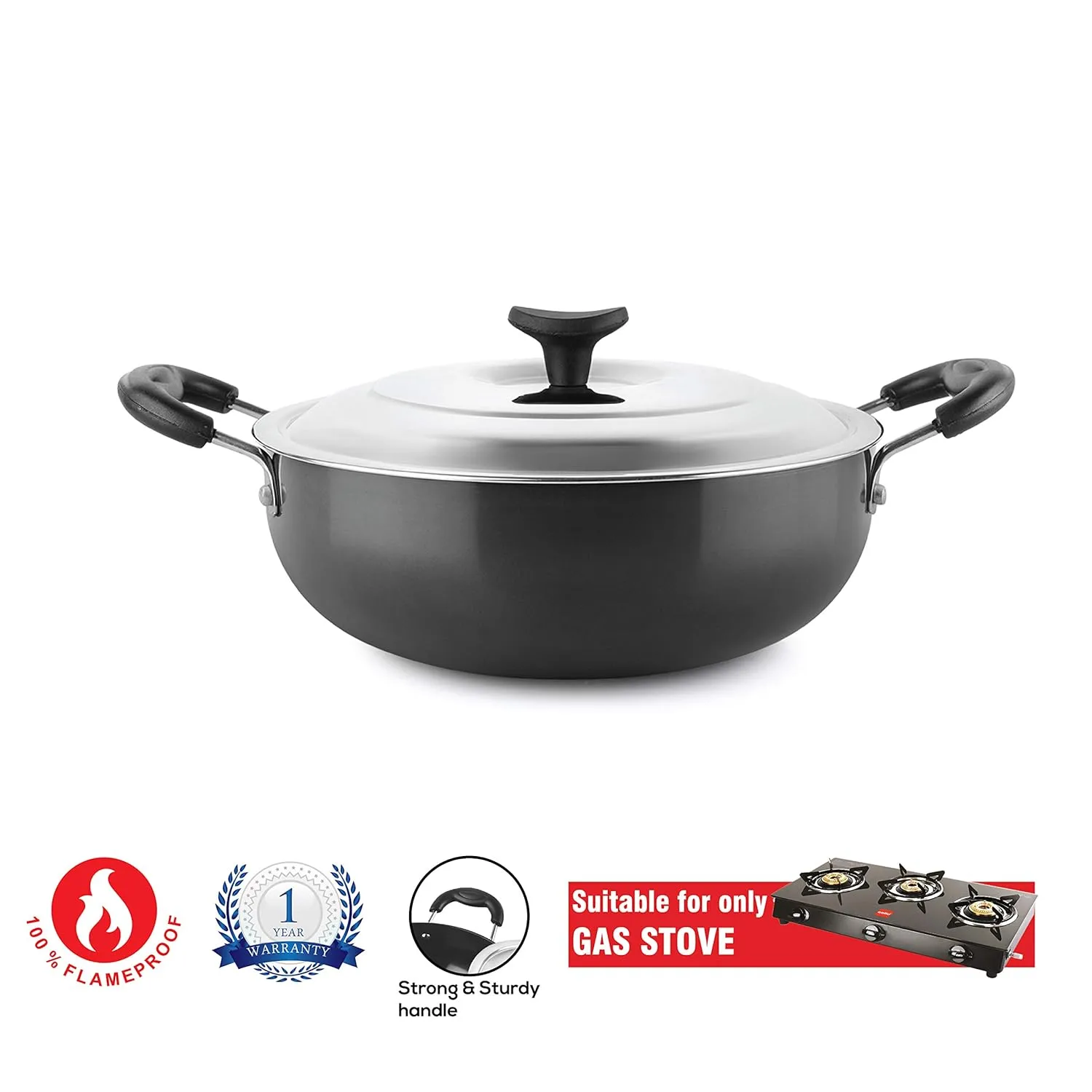 Classy Hard Anodised Kadhai with Lid, 2.5 Litres, Gas Stove Compatible