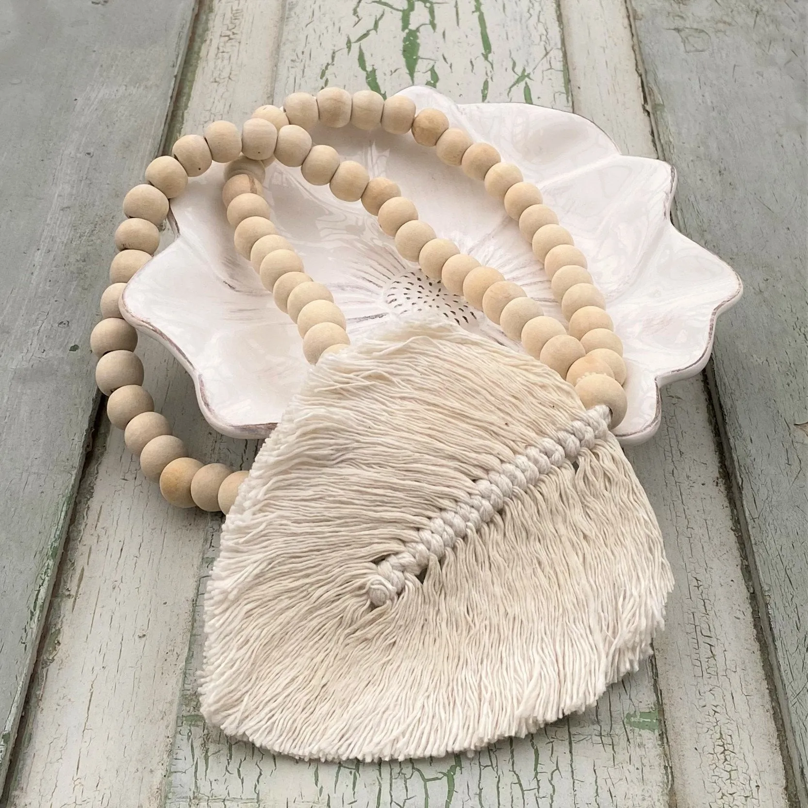 Decorative Macramé Feather Garland Tassel -Natural Cotton Leaf Wooden Bead Curtain Tieback Wall Hanging 35cm