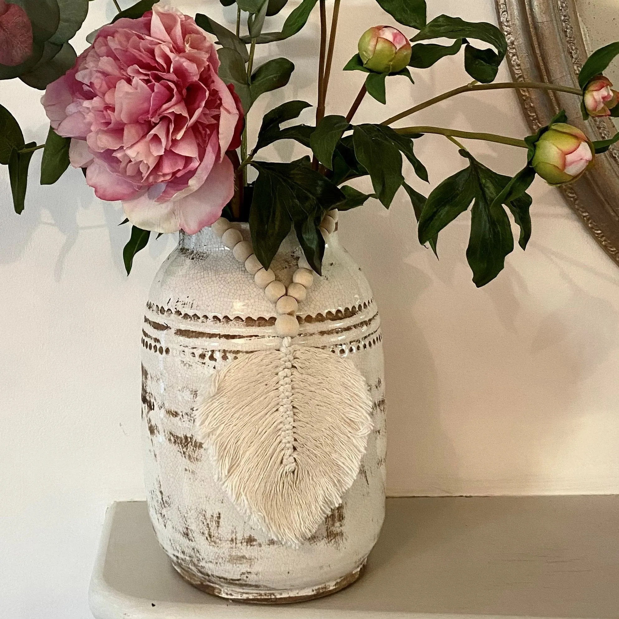 Decorative Macramé Feather Garland Tassel -Natural Cotton Leaf Wooden Bead Curtain Tieback Wall Hanging 35cm
