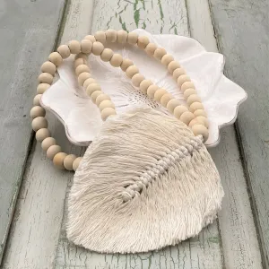 Decorative Macramé Feather Garland Tassel -Natural Cotton Leaf Wooden Bead Curtain Tieback Wall Hanging 35cm