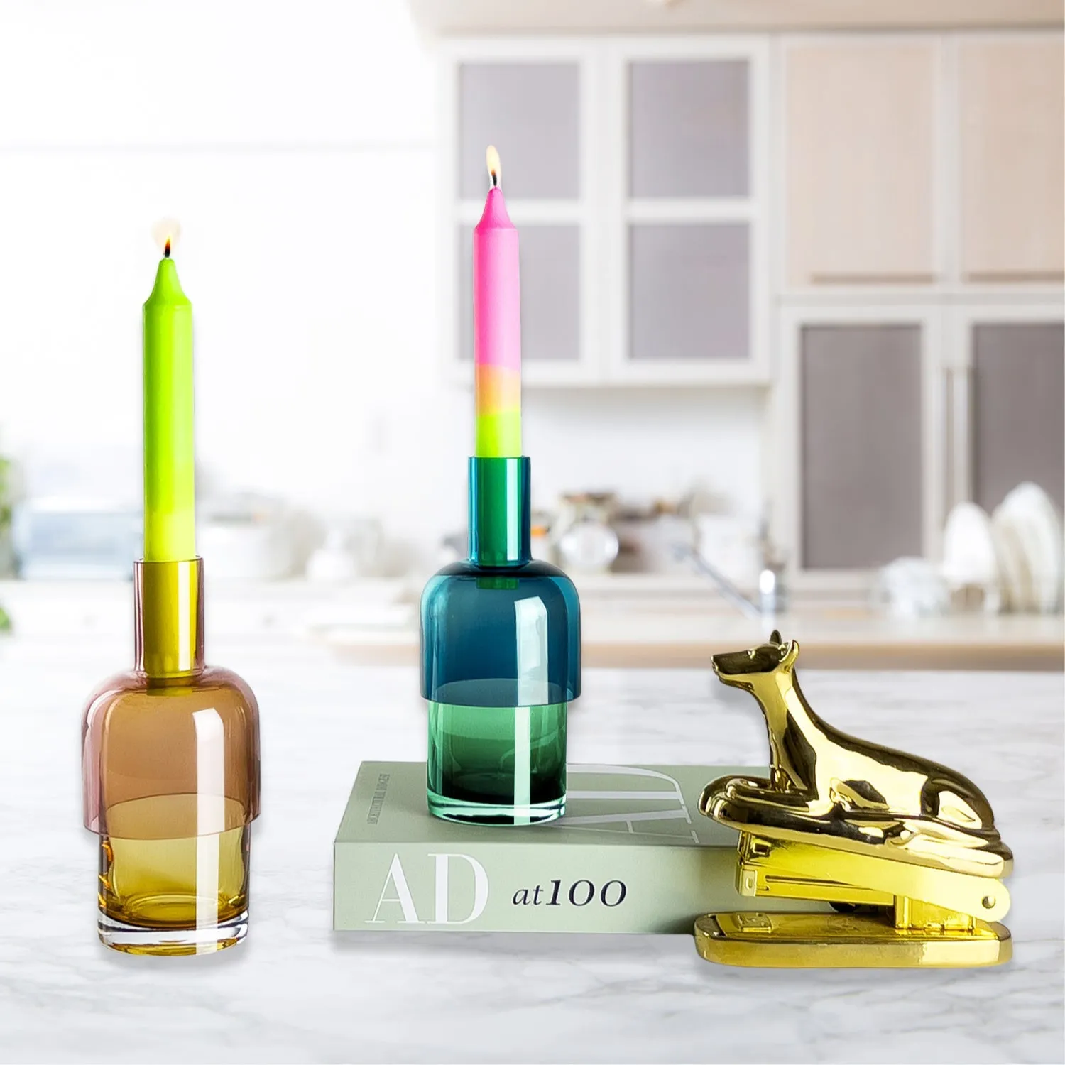 Flip Vase Small SET - Blue and Green / Yellow and Pink - Vase - Reversible - Soda Lime Glass - Dual Sided - Floral