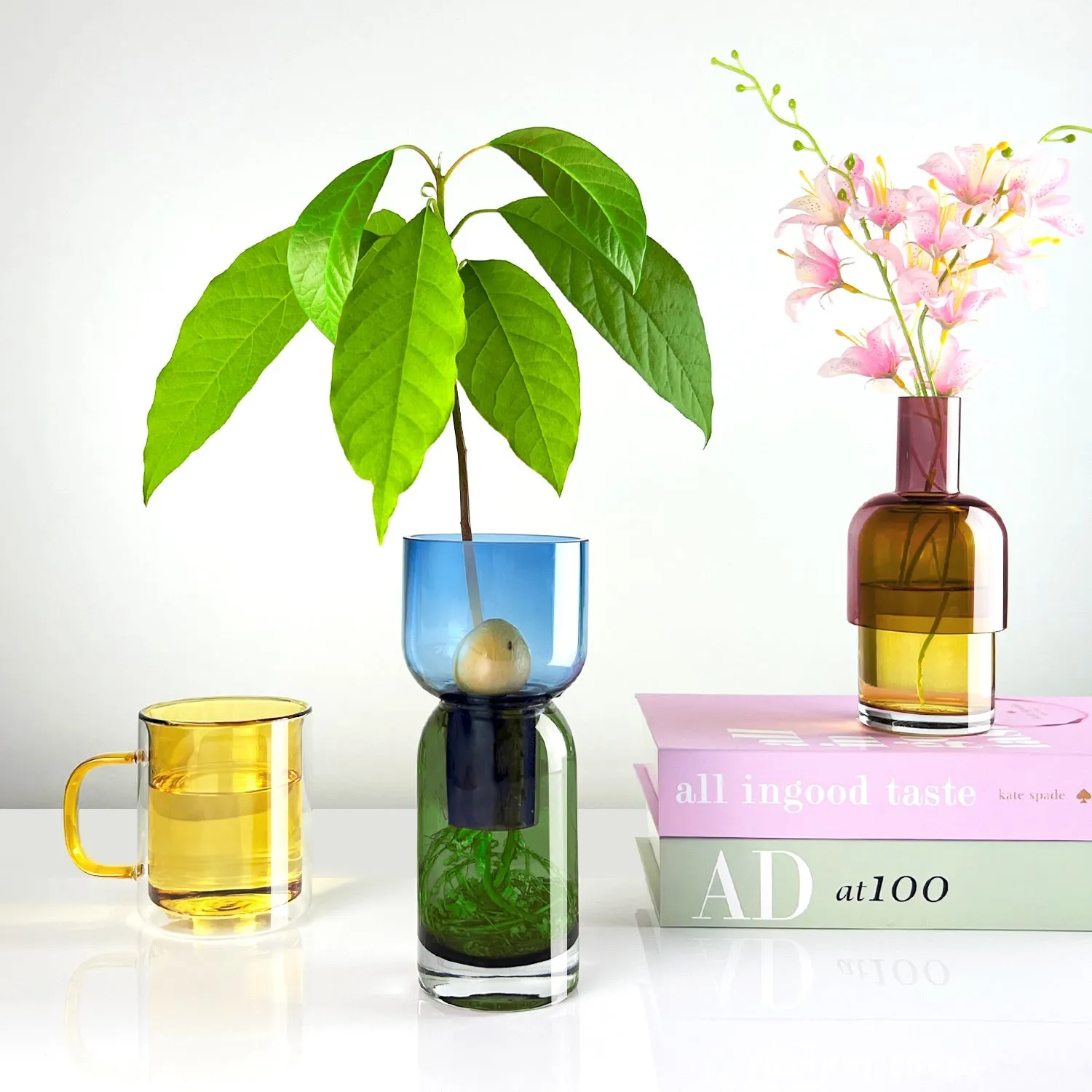 Flip Vase Small SET - Blue and Green / Yellow and Pink - Vase - Reversible - Soda Lime Glass - Dual Sided - Floral