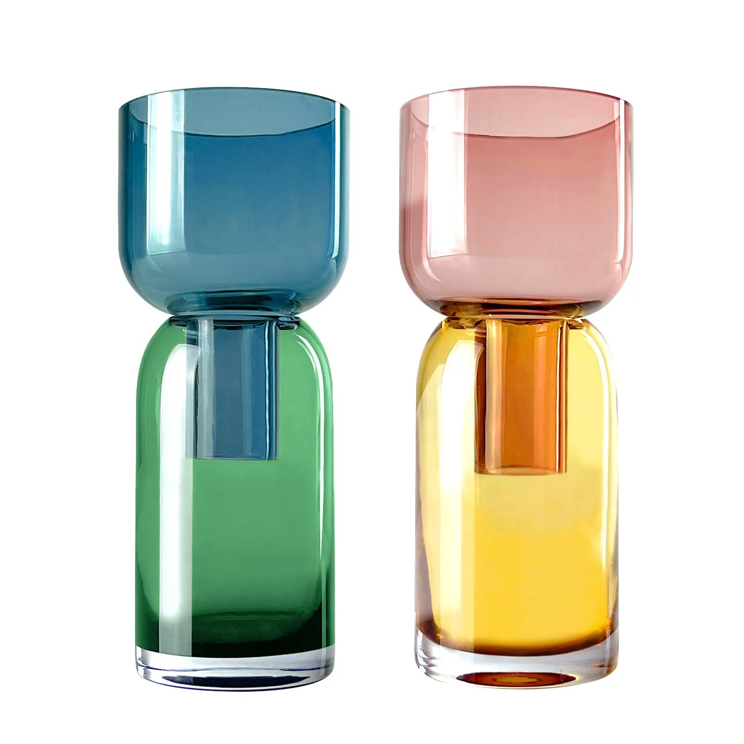 Flip Vase Small SET - Blue and Green / Yellow and Pink - Vase - Reversible - Soda Lime Glass - Dual Sided - Floral