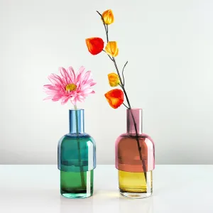 Flip Vase Small SET - Blue and Green / Yellow and Pink - Vase - Reversible - Soda Lime Glass - Dual Sided - Floral
