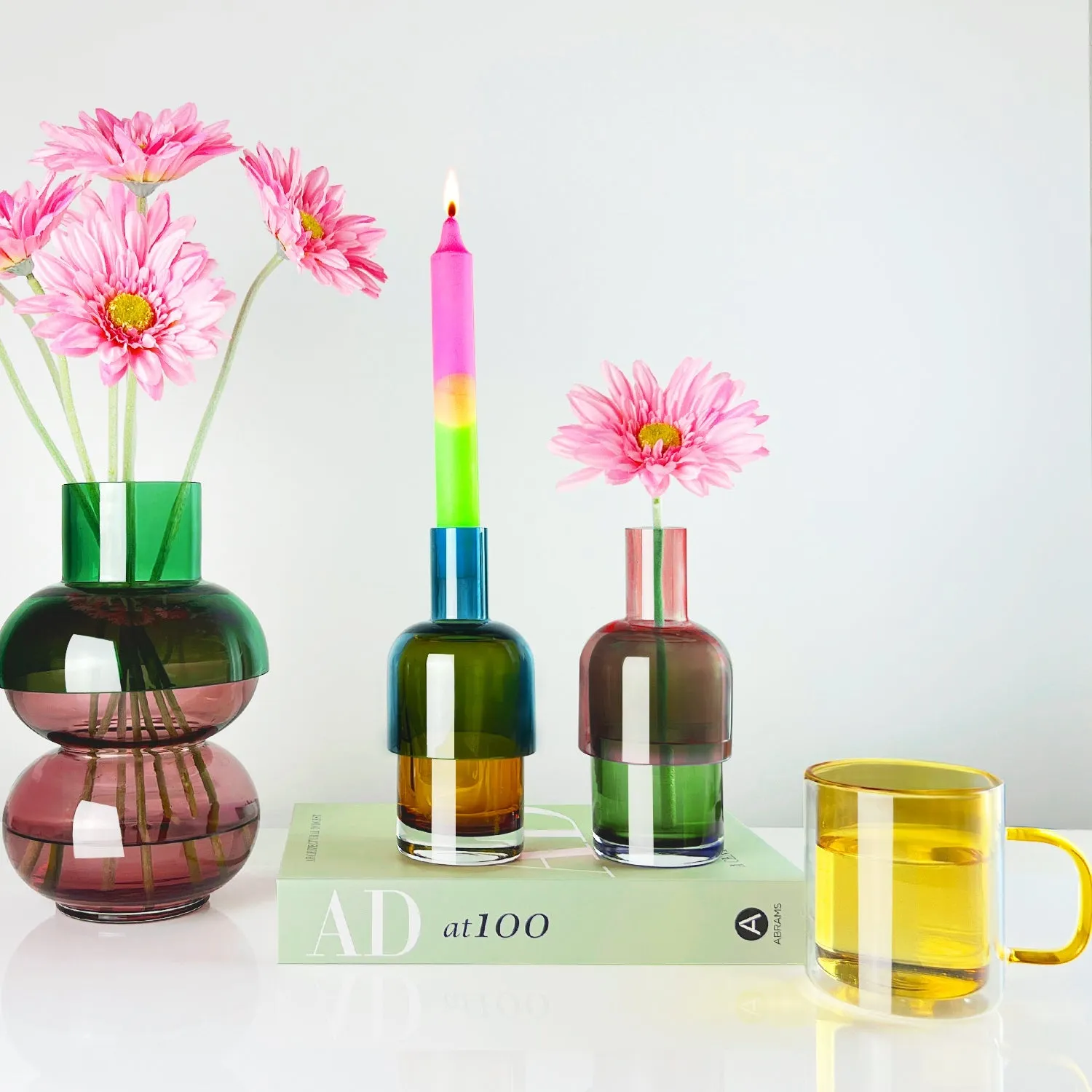 Flip Vase Small SET - Blue and Green / Yellow and Pink - Vase - Reversible - Soda Lime Glass - Dual Sided - Floral