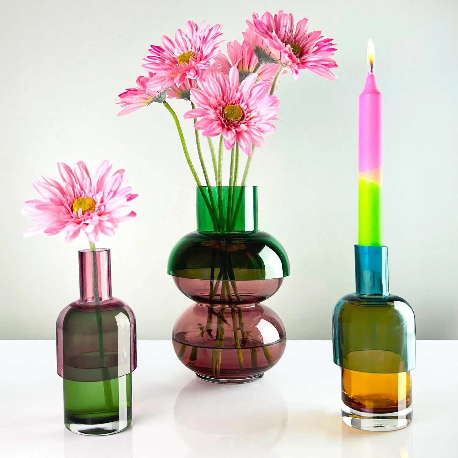 Flip Vase Small SET - Blue and Green / Yellow and Pink - Vase - Reversible - Soda Lime Glass - Dual Sided - Floral