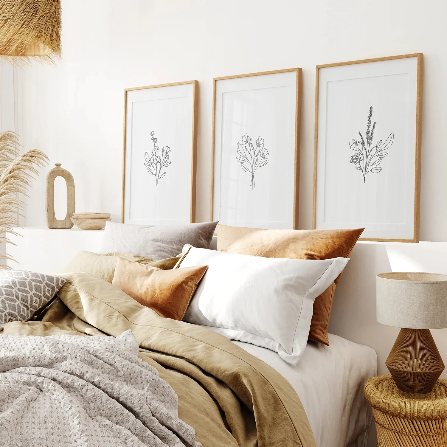 Flower Line Art Set of 3 Prints - Botanical Wall Décor
