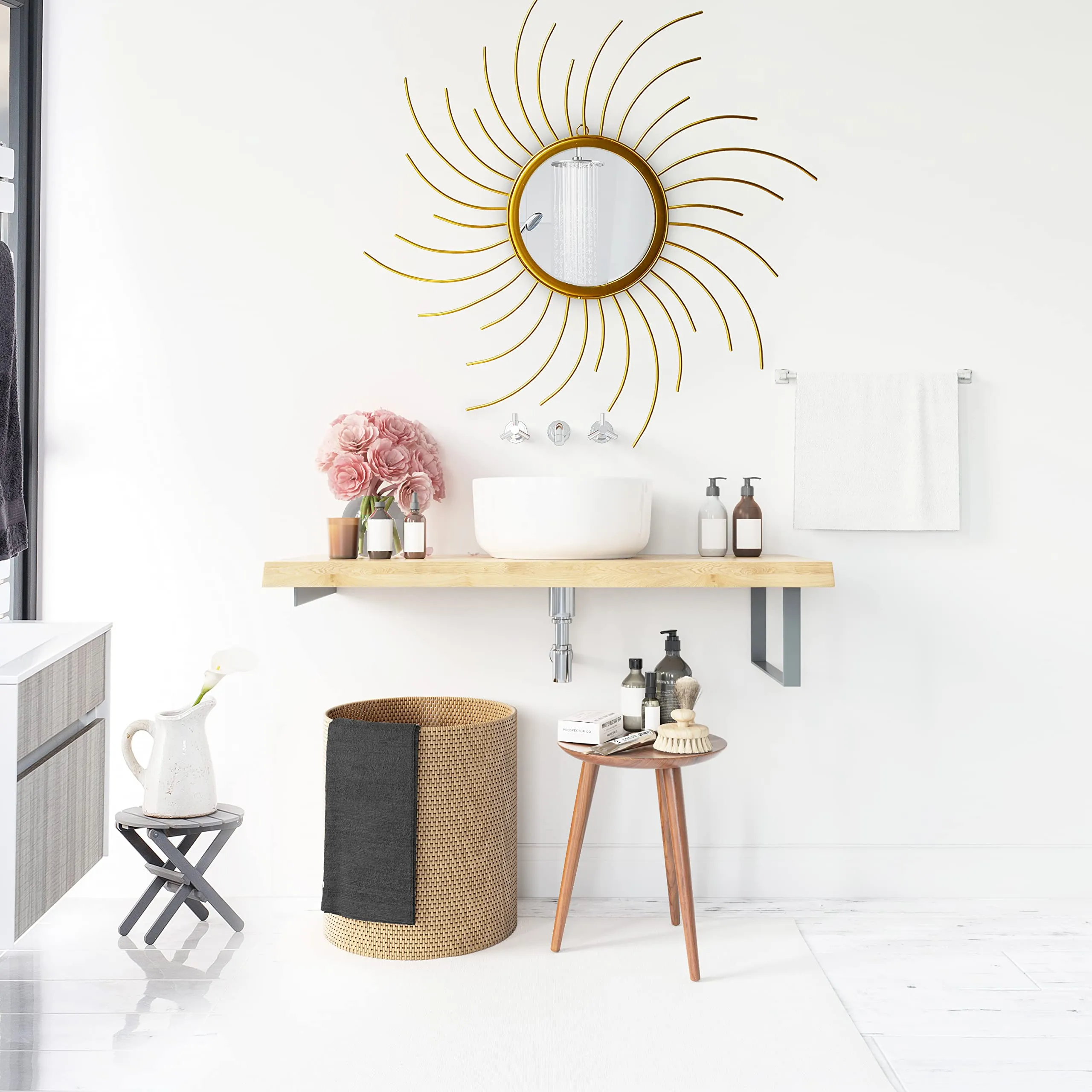 Furnish Craft Round Glass Steel Wall Mirror (34 x 34 inch, Gold), Framed