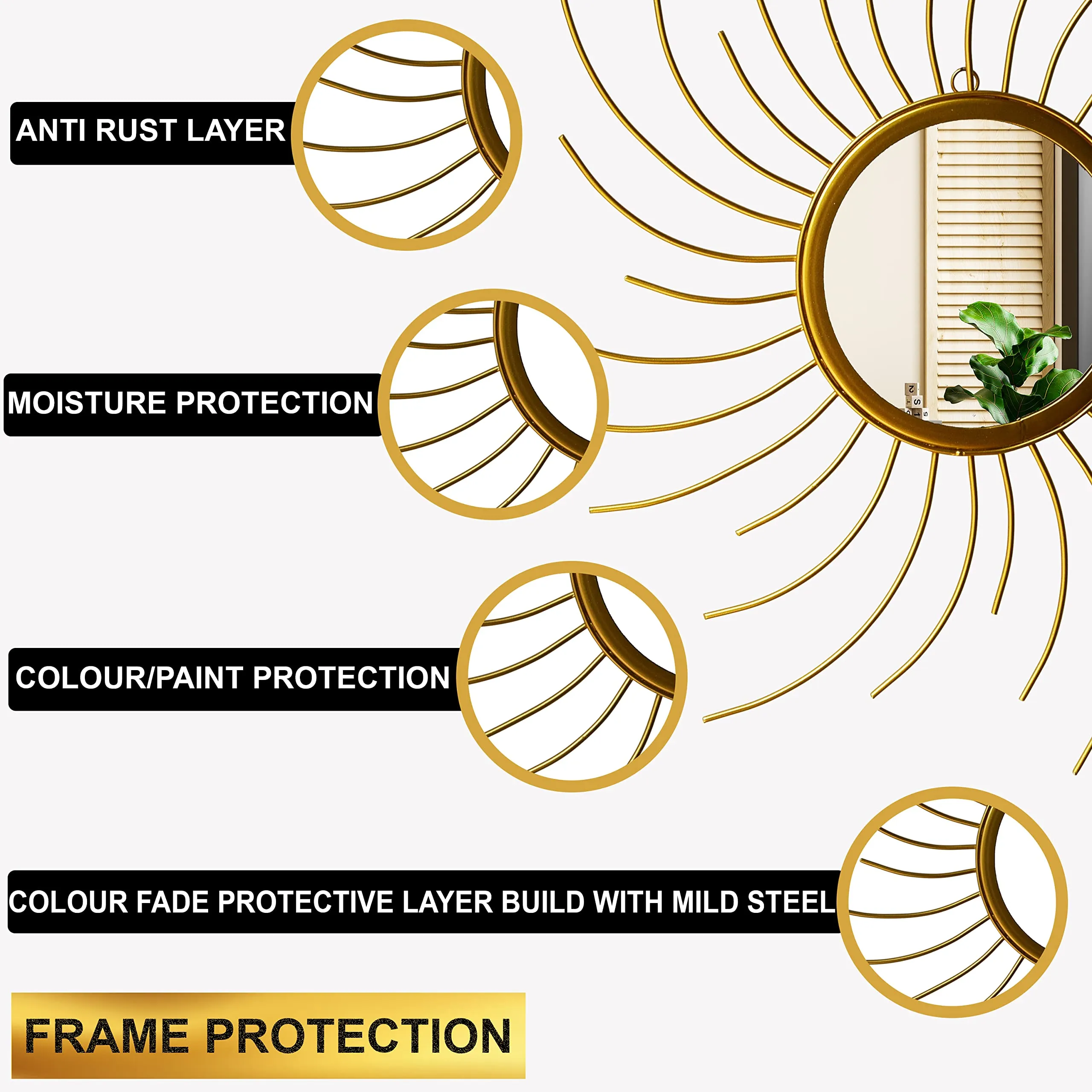 Furnish Craft Round Glass Steel Wall Mirror (34 x 34 inch, Gold), Framed