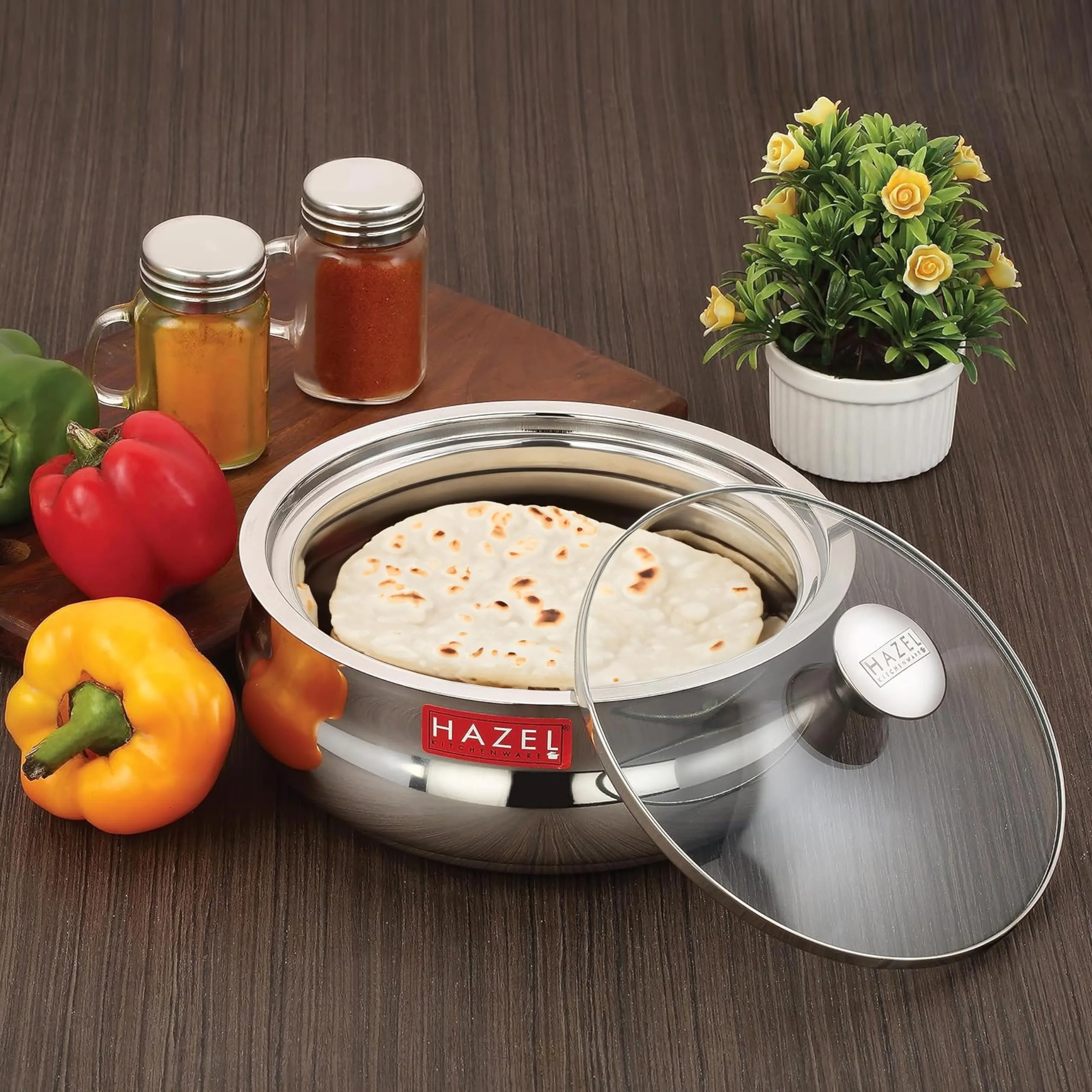 HAZEL Stainless Steel Casserole for Roti with Glass Lid | 1250 ml Chapati Casserole with Transparent Lid | Steel Roti Dabba for Serving | Hotcase for Food Serving