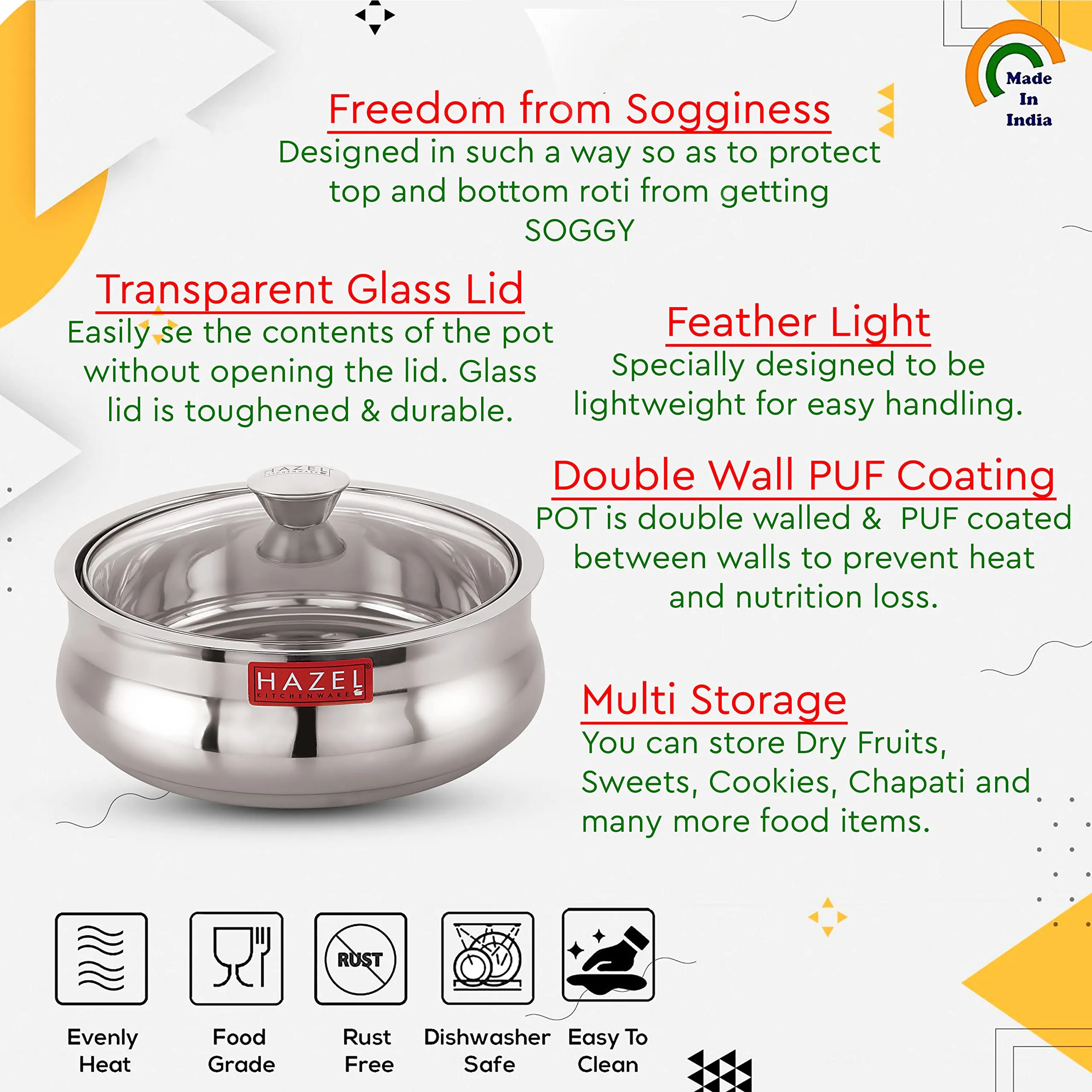HAZEL Stainless Steel Casserole for Roti with Glass Lid | 1250 ml Chapati Casserole with Transparent Lid | Steel Roti Dabba for Serving | Hotcase for Food Serving