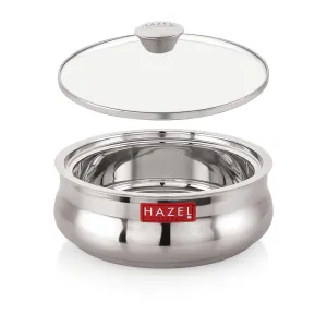 HAZEL Stainless Steel Casserole for Roti with Glass Lid | 1250 ml Chapati Casserole with Transparent Lid | Steel Roti Dabba for Serving | Hotcase for Food Serving