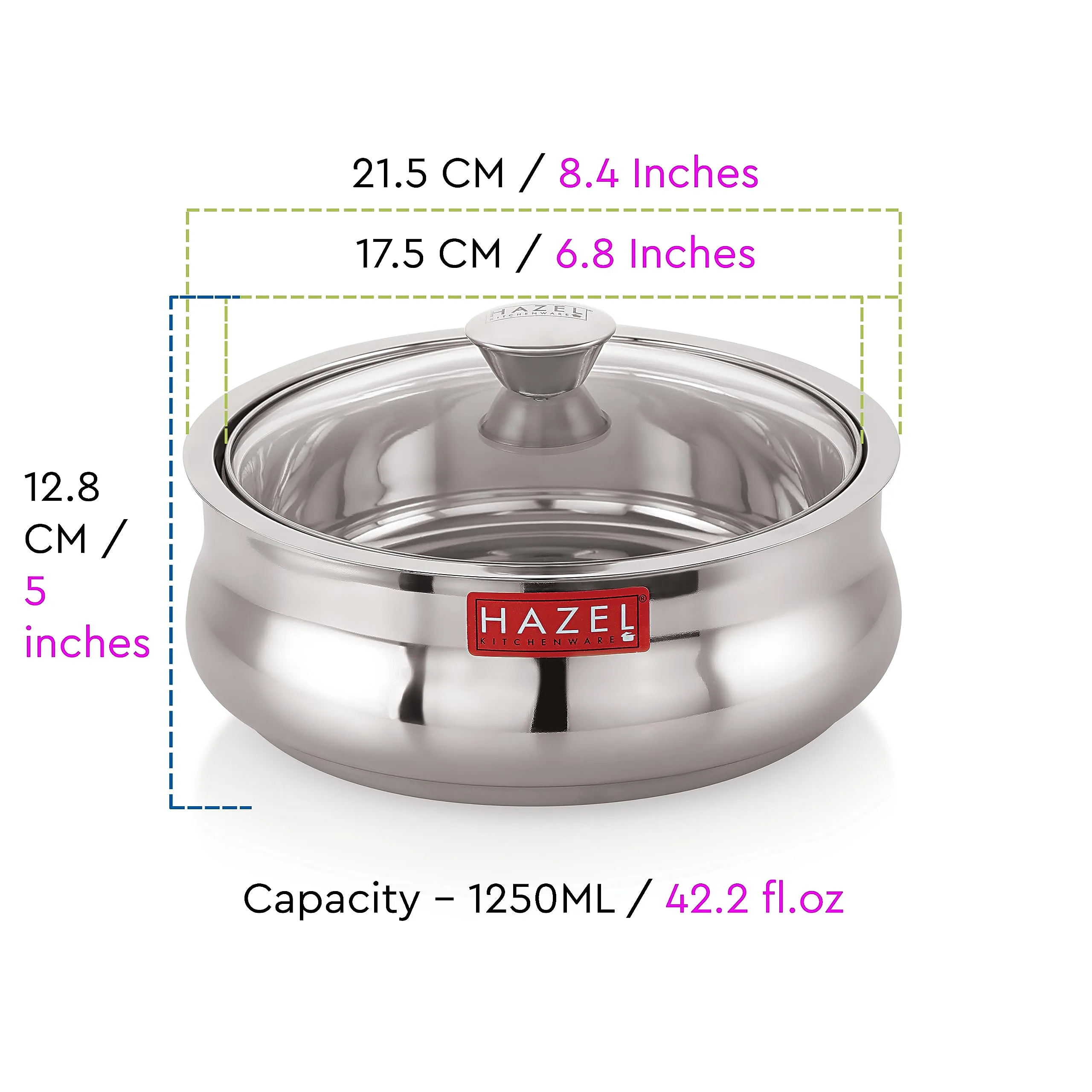 HAZEL Stainless Steel Casserole for Roti with Glass Lid | 1250 ml Chapati Casserole with Transparent Lid | Steel Roti Dabba for Serving | Hotcase for Food Serving