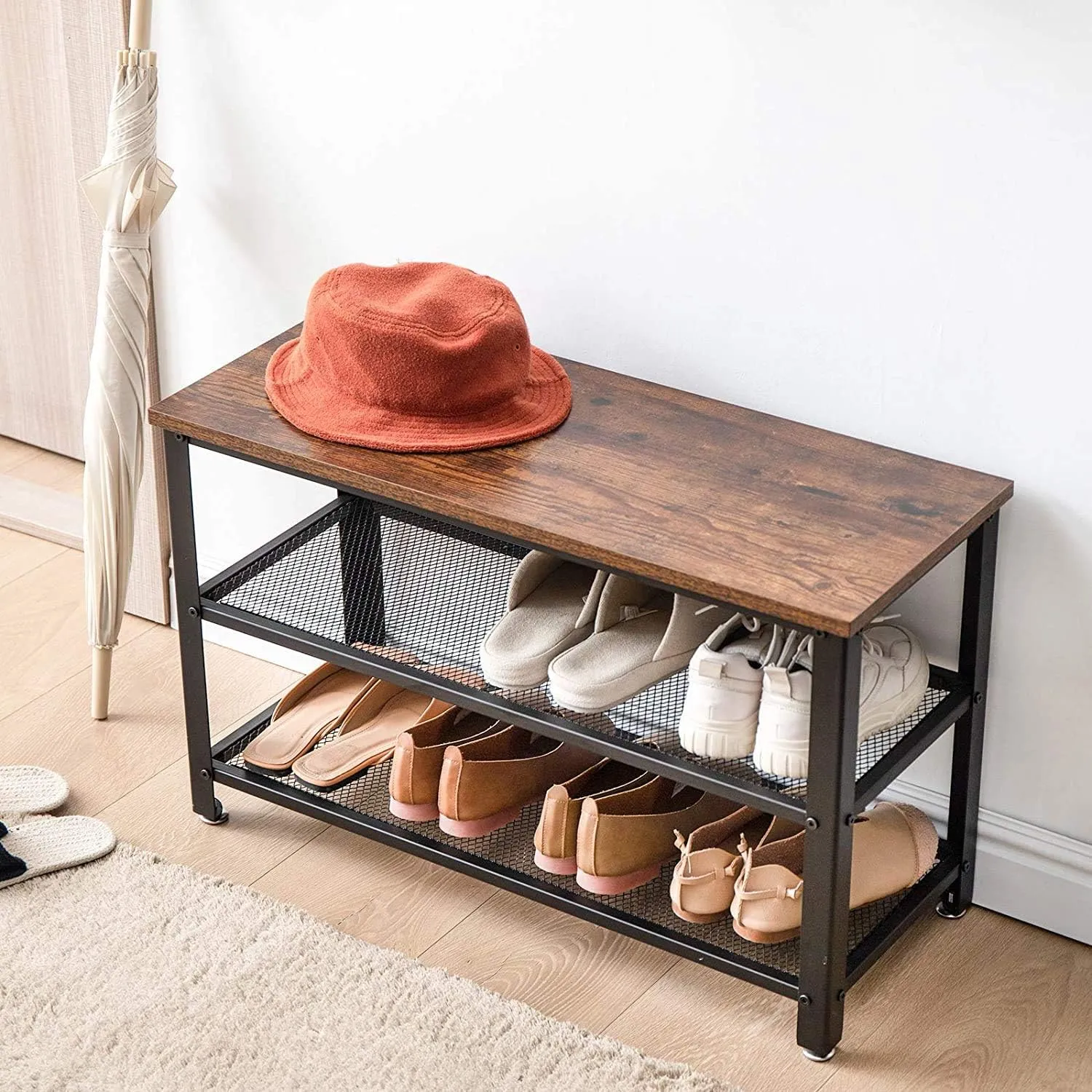INDIDECOR 45435 Classic Shoe Bench, 3-Tier Industrial Shoe Rack Bench with 2 Mesh Shelves, Shoe Storage Organizer for Entryway Hall, Sturdy and pre Assembled - Black