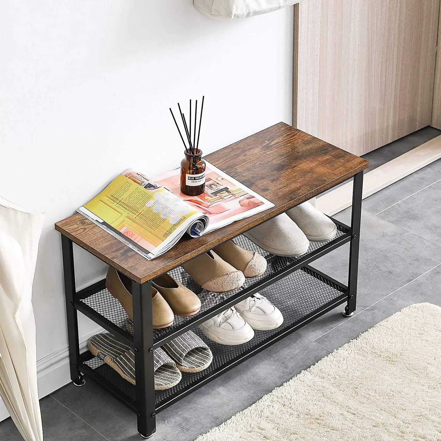 INDIDECOR 45435 Classic Shoe Bench, 3-Tier Industrial Shoe Rack Bench with 2 Mesh Shelves, Shoe Storage Organizer for Entryway Hall, Sturdy and pre Assembled - Black