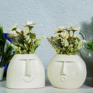 Kaolinite Artisan Handcrafted Ceramic Face Vase | Set of 2 | Premium Flower Pots for Home Decor & office | 7 Inches