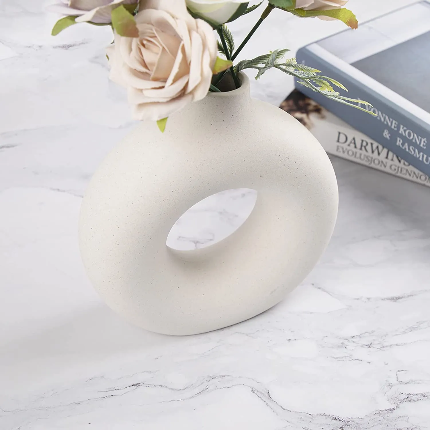 KREATIVE ART’S® White Donut Ceramic Vase, Flower Vase, Pampas Grass Vase, Round Shaped Vase, Home Decor Item for Gifting, (Off White- 8")