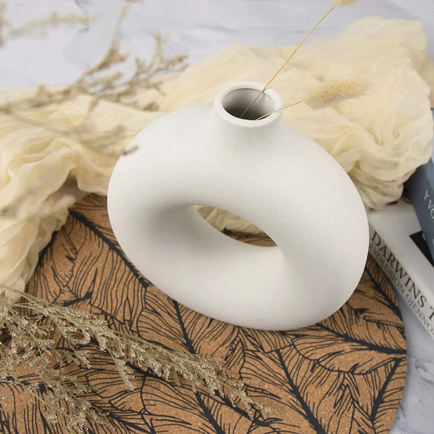 KREATIVE ART’S® White Donut Ceramic Vase, Flower Vase, Pampas Grass Vase, Round Shaped Vase, Home Decor Item for Gifting, (Off White- 8")