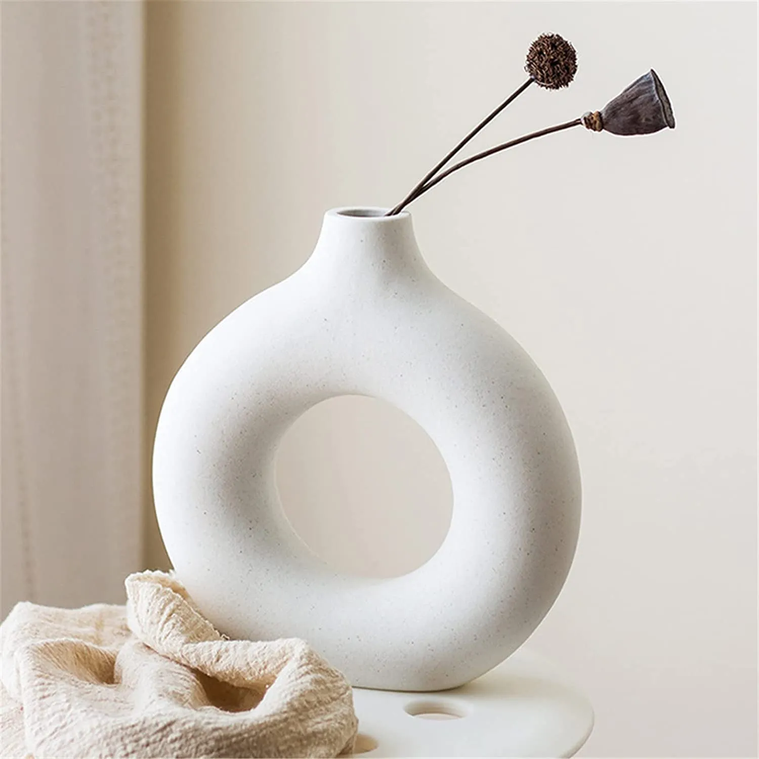 KREATIVE ART’S® White Donut Ceramic Vase, Flower Vase, Pampas Grass Vase, Round Shaped Vase, Home Decor Item for Gifting, (Off White- 8")