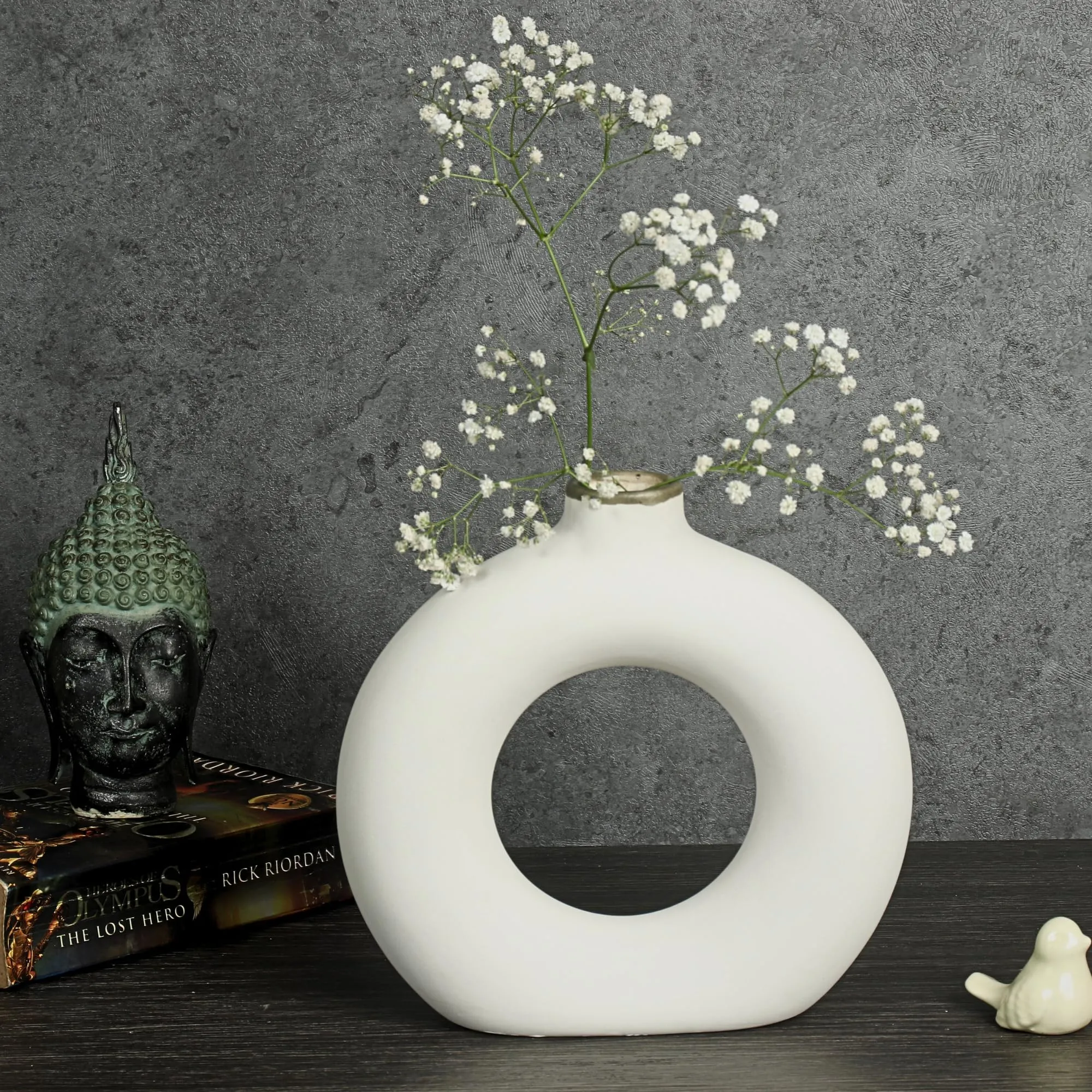 KREATIVE ART’S® White Donut Ceramic Vase, Flower Vase, Pampas Grass Vase, Round Shaped Vase, Home Decor Item for Gifting, (Off White- 8")