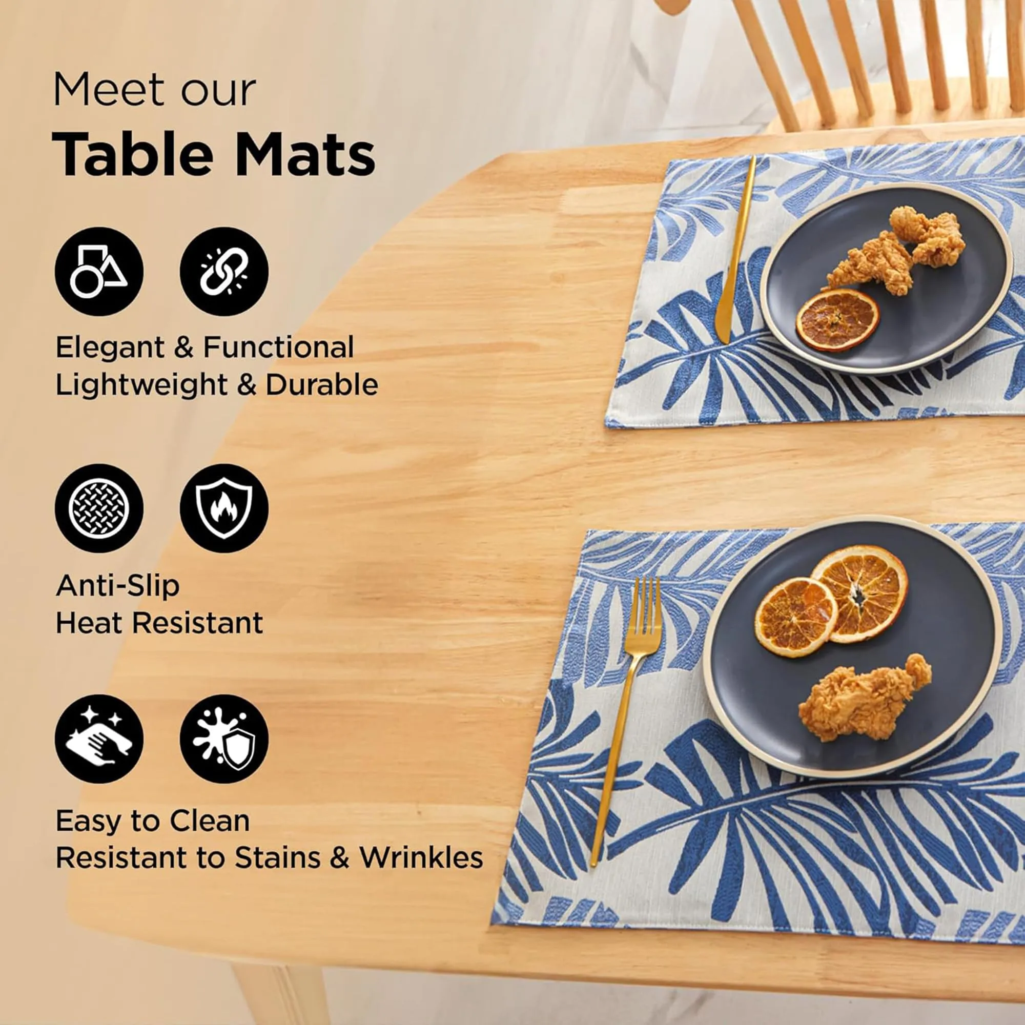 Kuber Industries 12 Pcs Dining Table Mats | Jacquard Cloth Placemats for Food Plates & Hot Pots for Home | Leaf Design -White & Blue
