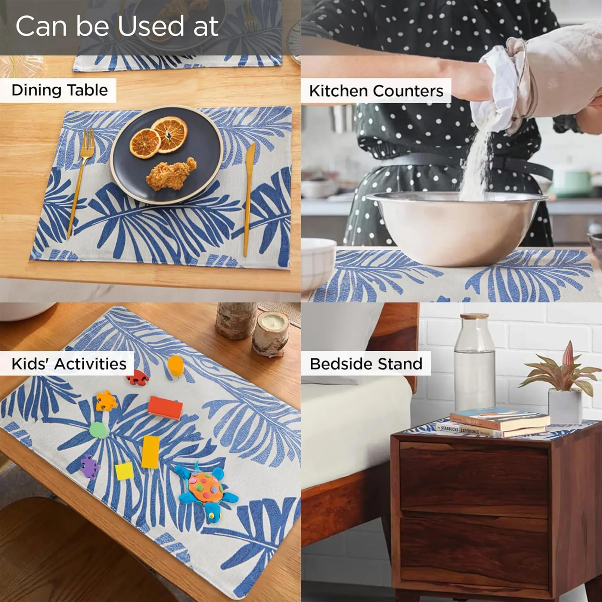Kuber Industries 12 Pcs Dining Table Mats | Jacquard Cloth Placemats for Food Plates & Hot Pots for Home | Leaf Design -White & Blue