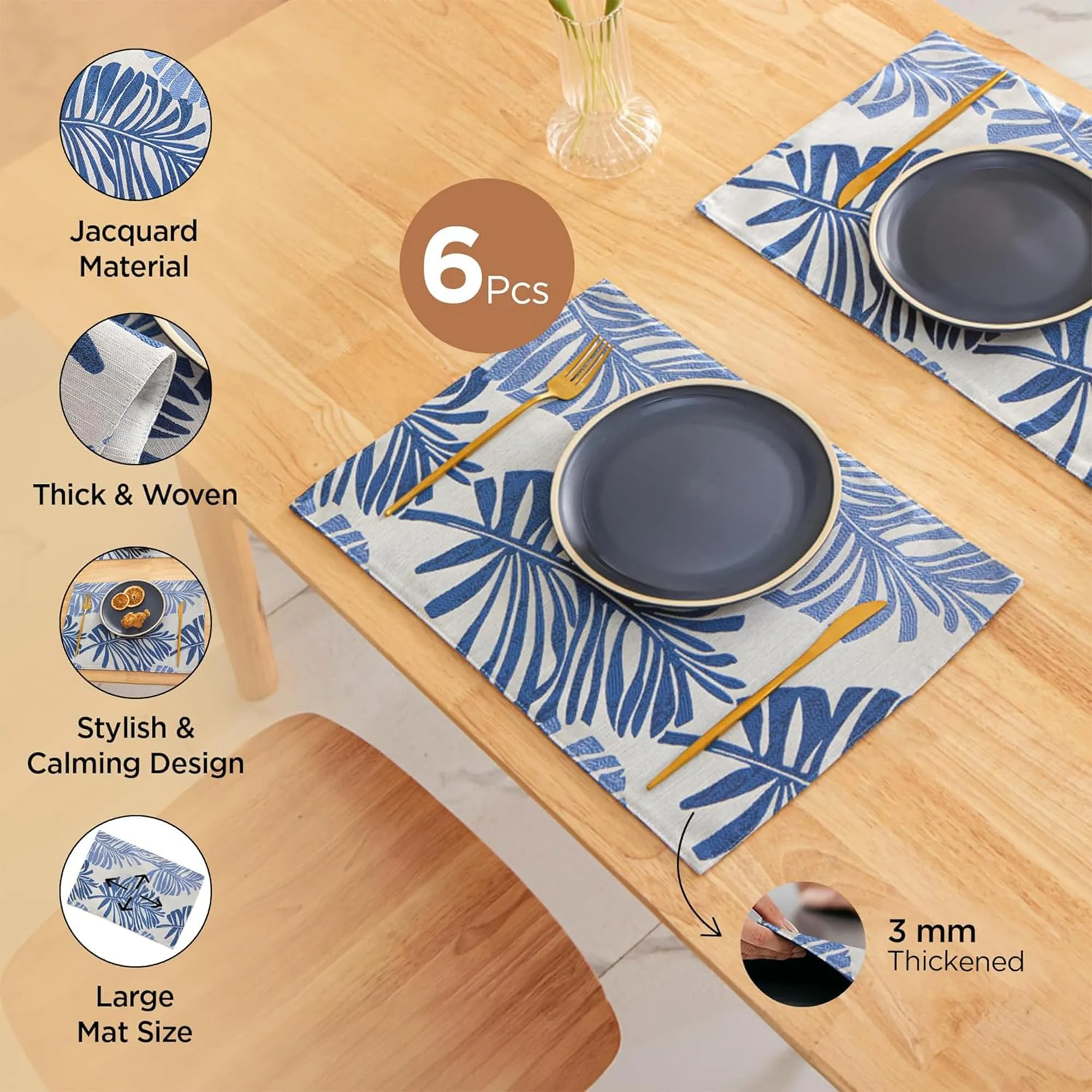 Kuber Industries 12 Pcs Dining Table Mats | Jacquard Cloth Placemats for Food Plates & Hot Pots for Home | Leaf Design -White & Blue