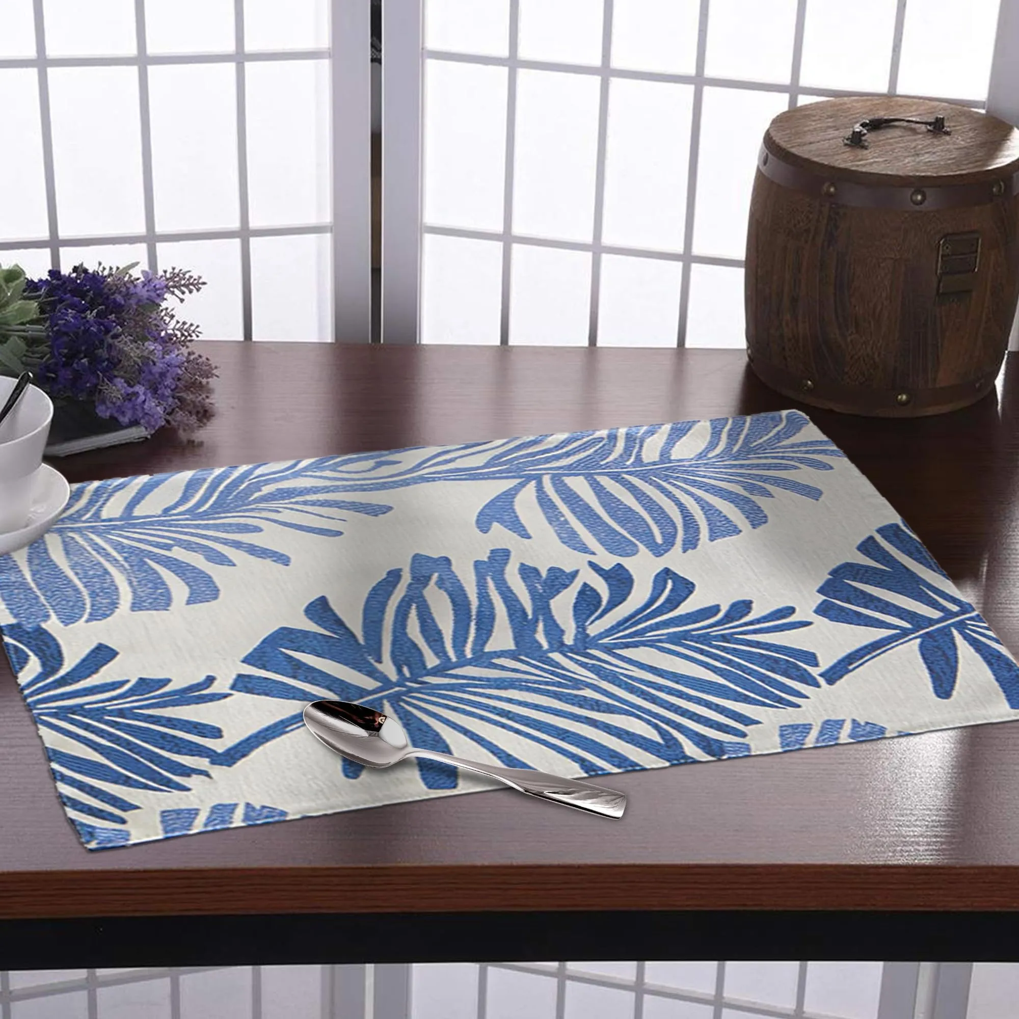 Kuber Industries 12 Pcs Dining Table Mats | Jacquard Cloth Placemats for Food Plates & Hot Pots for Home | Leaf Design -White & Blue