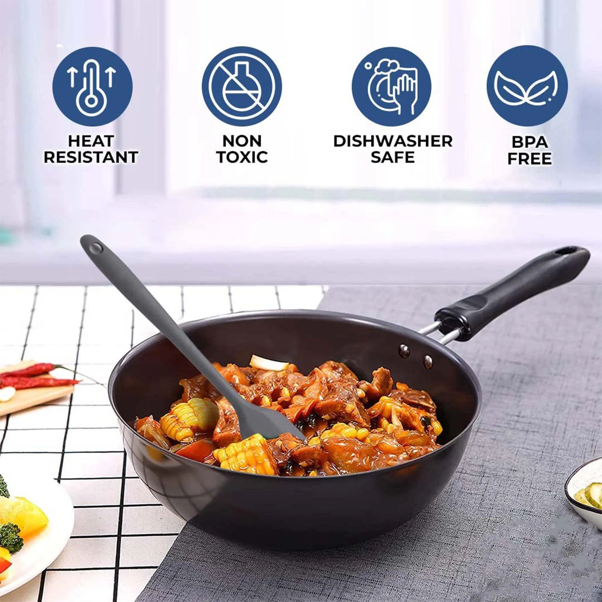 Kuber Industries Set of 5 Heat Resistant Silicone Spatula for Kitchen & Stainless Steel Whiskers | Ladle/Spatula for Non Stick Pan, Kitchen Utensils Set | DSUSHA002-1 - Silver & Dark Grey