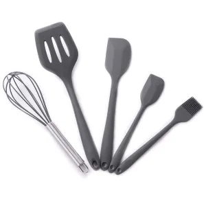 Kuber Industries Set of 5 Heat Resistant Silicone Spatula for Kitchen & Stainless Steel Whiskers | Ladle/Spatula for Non Stick Pan, Kitchen Utensils Set | DSUSHA002-1 - Silver & Dark Grey