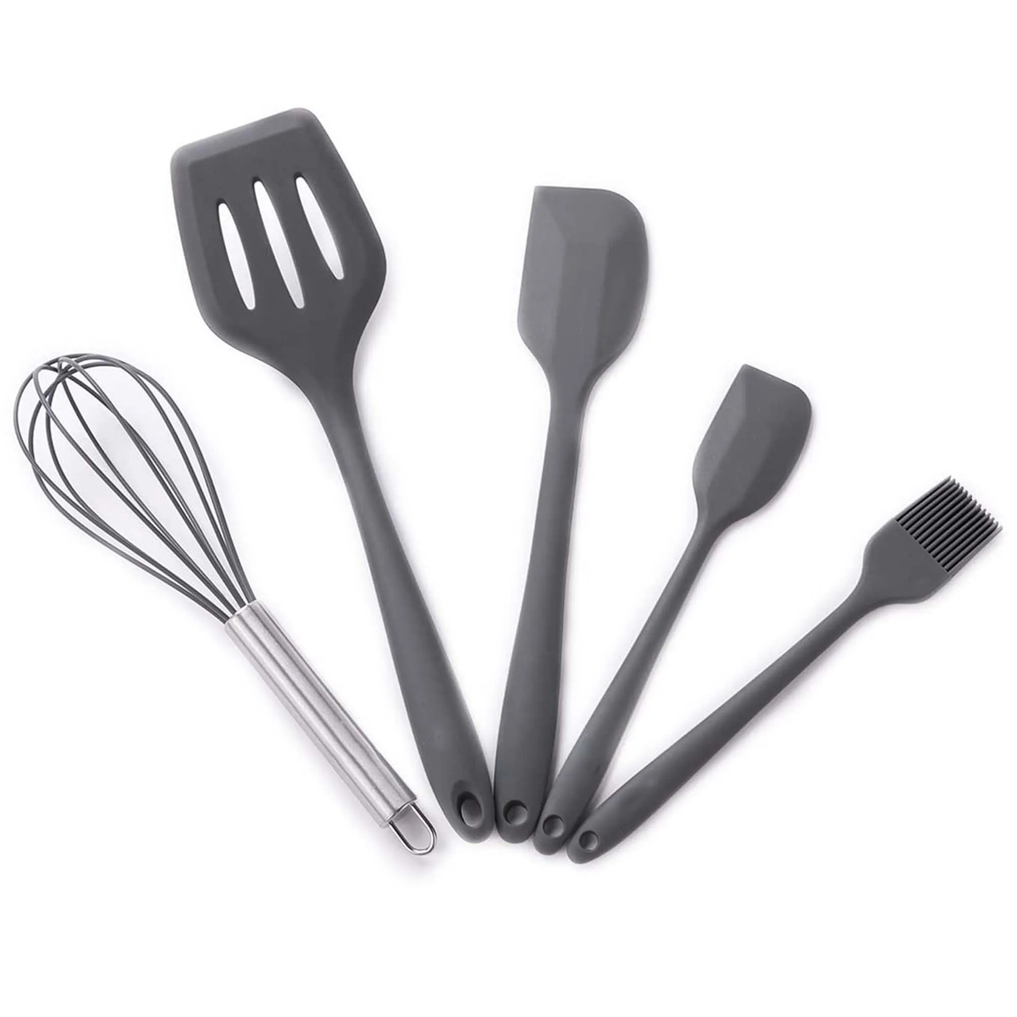 Kuber Industries Set of 5 Heat Resistant Silicone Spatula for Kitchen & Stainless Steel Whiskers | Ladle/Spatula for Non Stick Pan, Kitchen Utensils Set | DSUSHA002-1 - Silver & Dark Grey