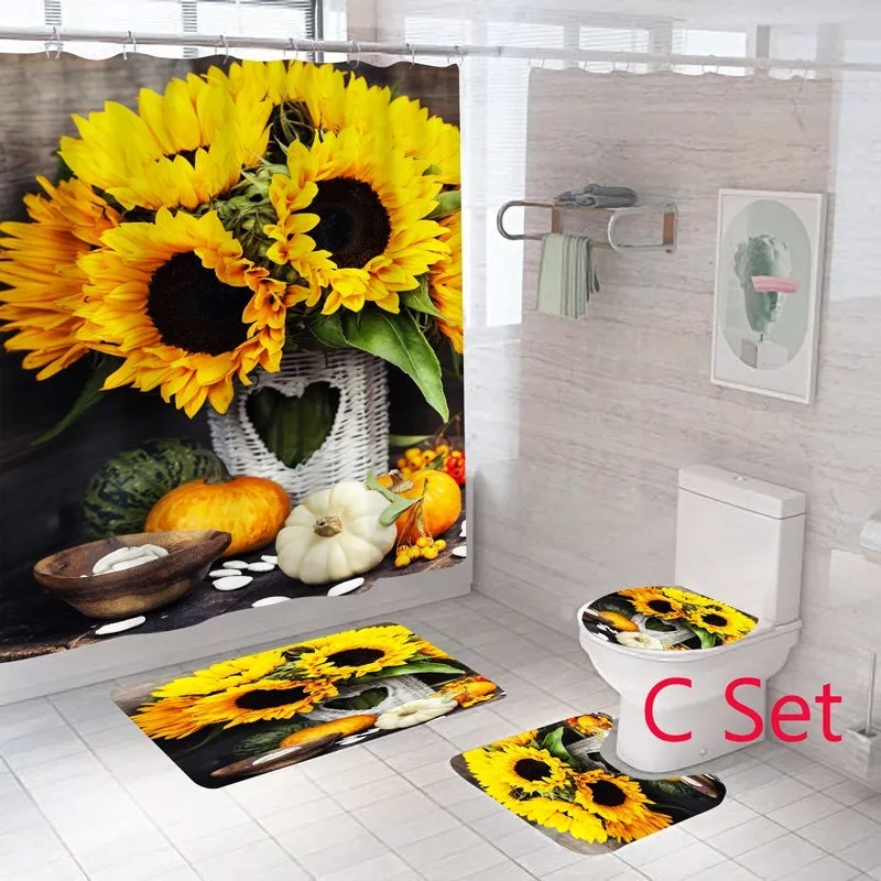 New Fashion Flower Printed Bathroom Set Shower Curtain Non-Slip Pedestal Rug   Lid Toilet Cover   Bath Mat