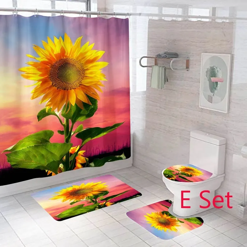 New Fashion Flower Printed Bathroom Set Shower Curtain Non-Slip Pedestal Rug   Lid Toilet Cover   Bath Mat