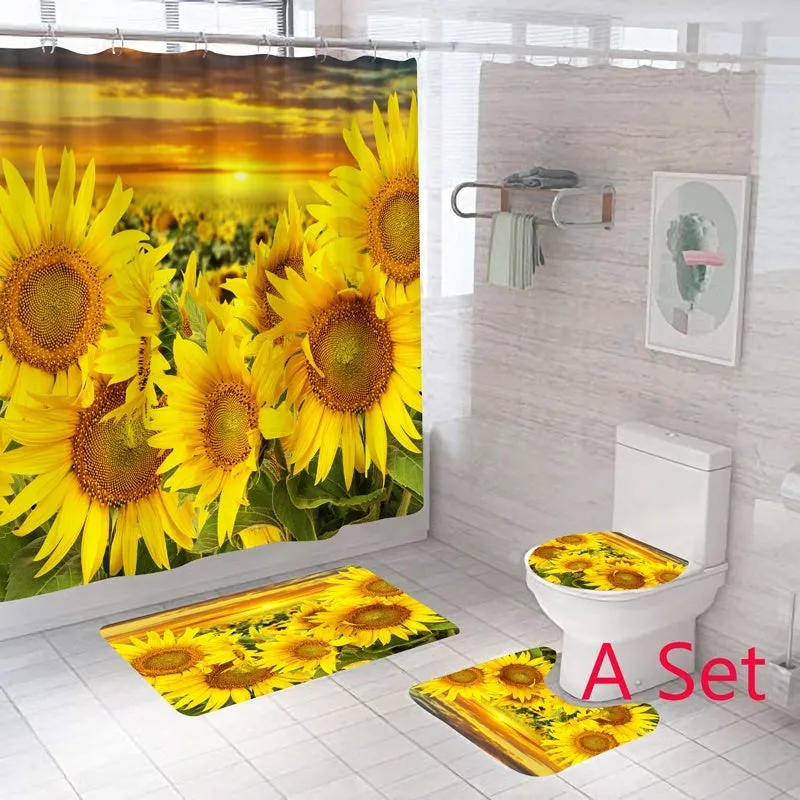 New Fashion Flower Printed Bathroom Set Shower Curtain Non-Slip Pedestal Rug   Lid Toilet Cover   Bath Mat