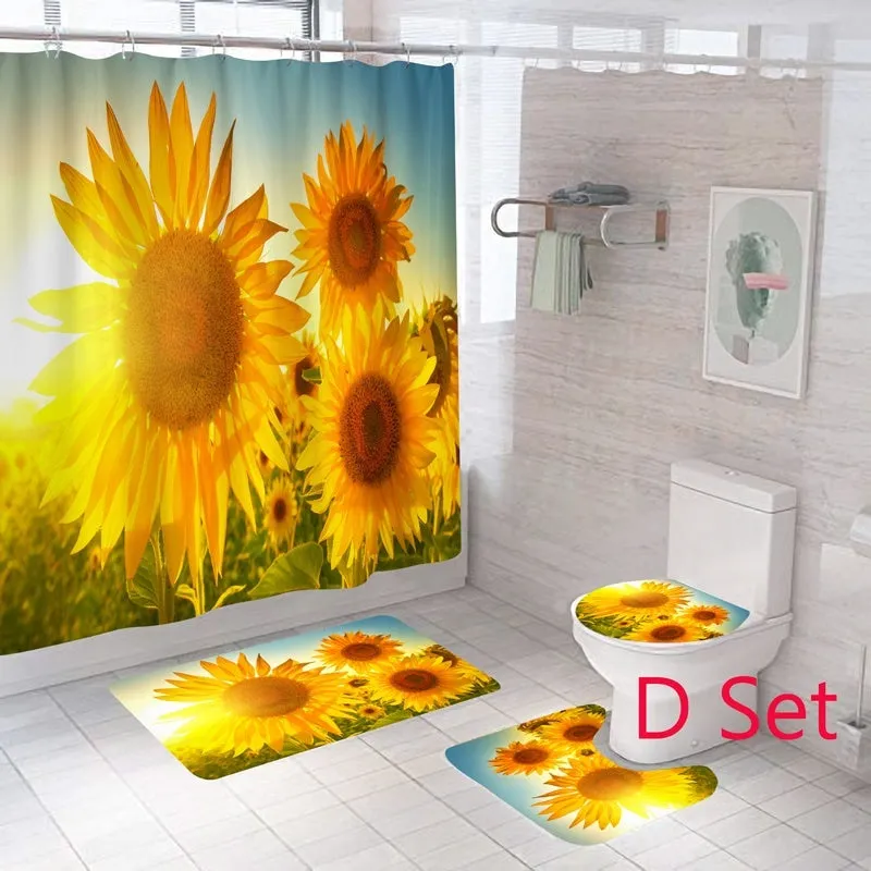 New Fashion Flower Printed Bathroom Set Shower Curtain Non-Slip Pedestal Rug   Lid Toilet Cover   Bath Mat