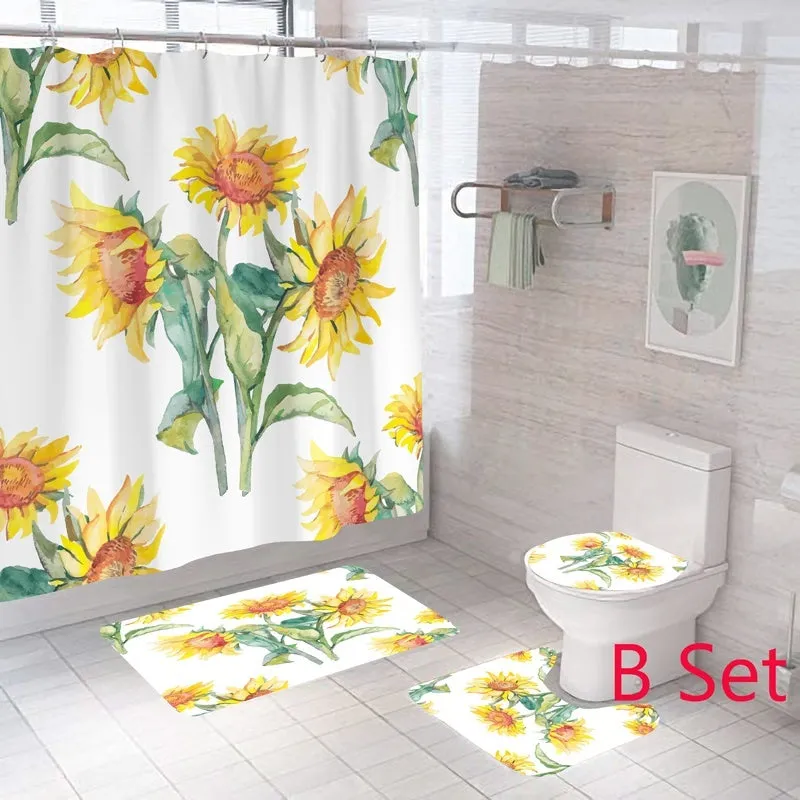 New Fashion Flower Printed Bathroom Set Shower Curtain Non-Slip Pedestal Rug   Lid Toilet Cover   Bath Mat