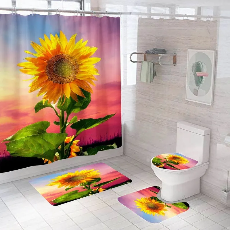 New Fashion Flower Printed Bathroom Set Shower Curtain Non-Slip Pedestal Rug   Lid Toilet Cover   Bath Mat