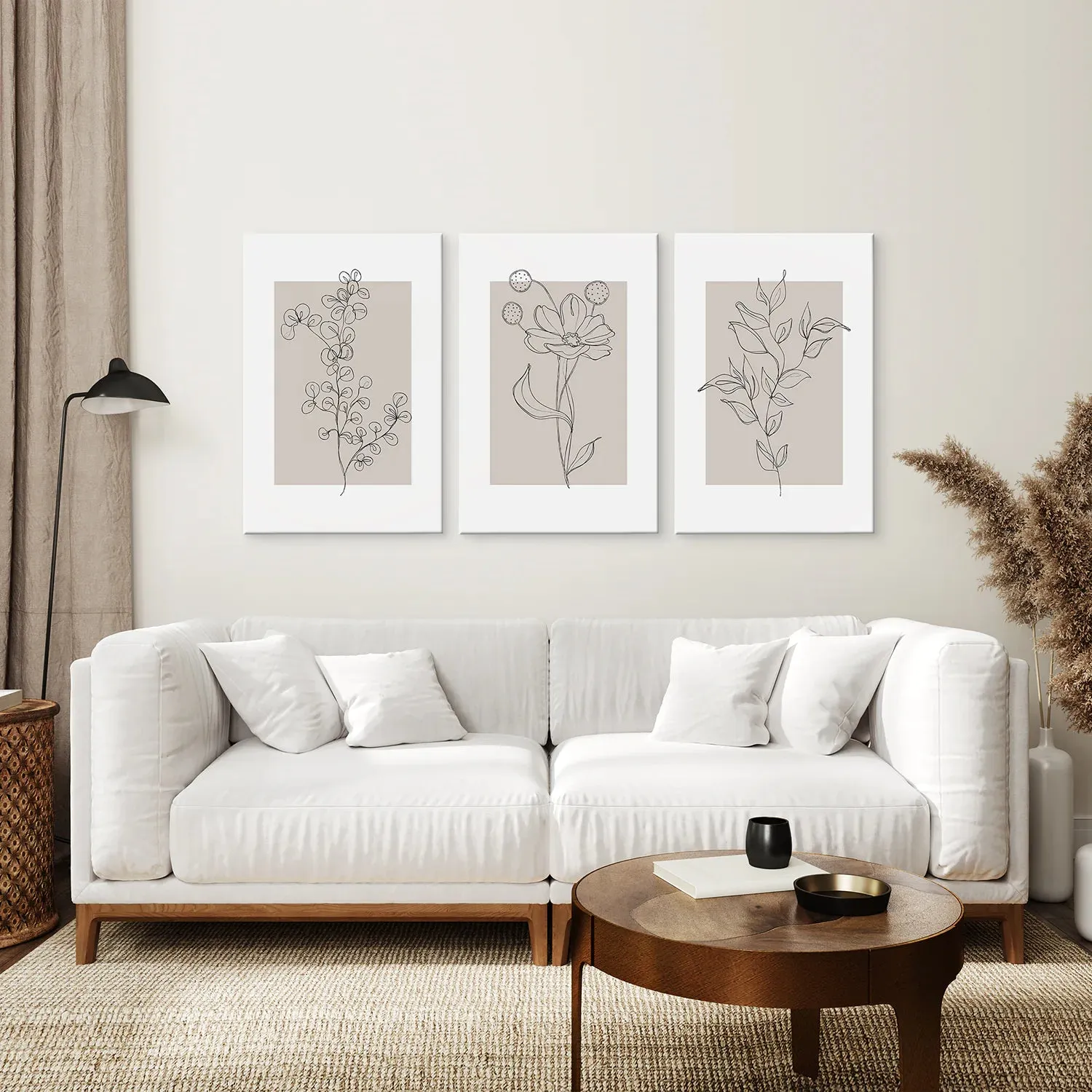 Pastel Botanical Wall Art Set of 3 Pieces. Gray and Beige