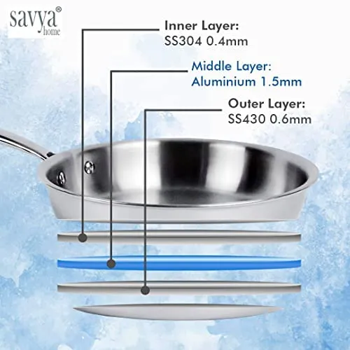 SAVYA HOME® Triply Kadai with SS Lid 20cm, Triply Saucepan with SS Lid 16cm & Triply FryPan 20cm 1.2 LTR Combo | Heat Surround Cooking | Stove & Induction Cookware |