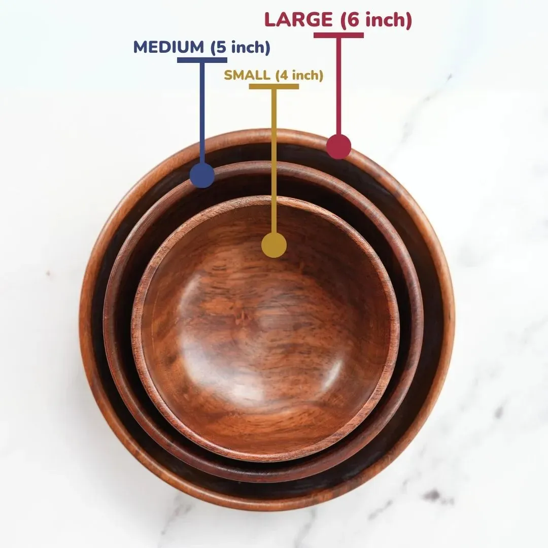 Set of 3 Large Wooden Bowls | Sheesham Wood | 6 Inch | Toxin-Free